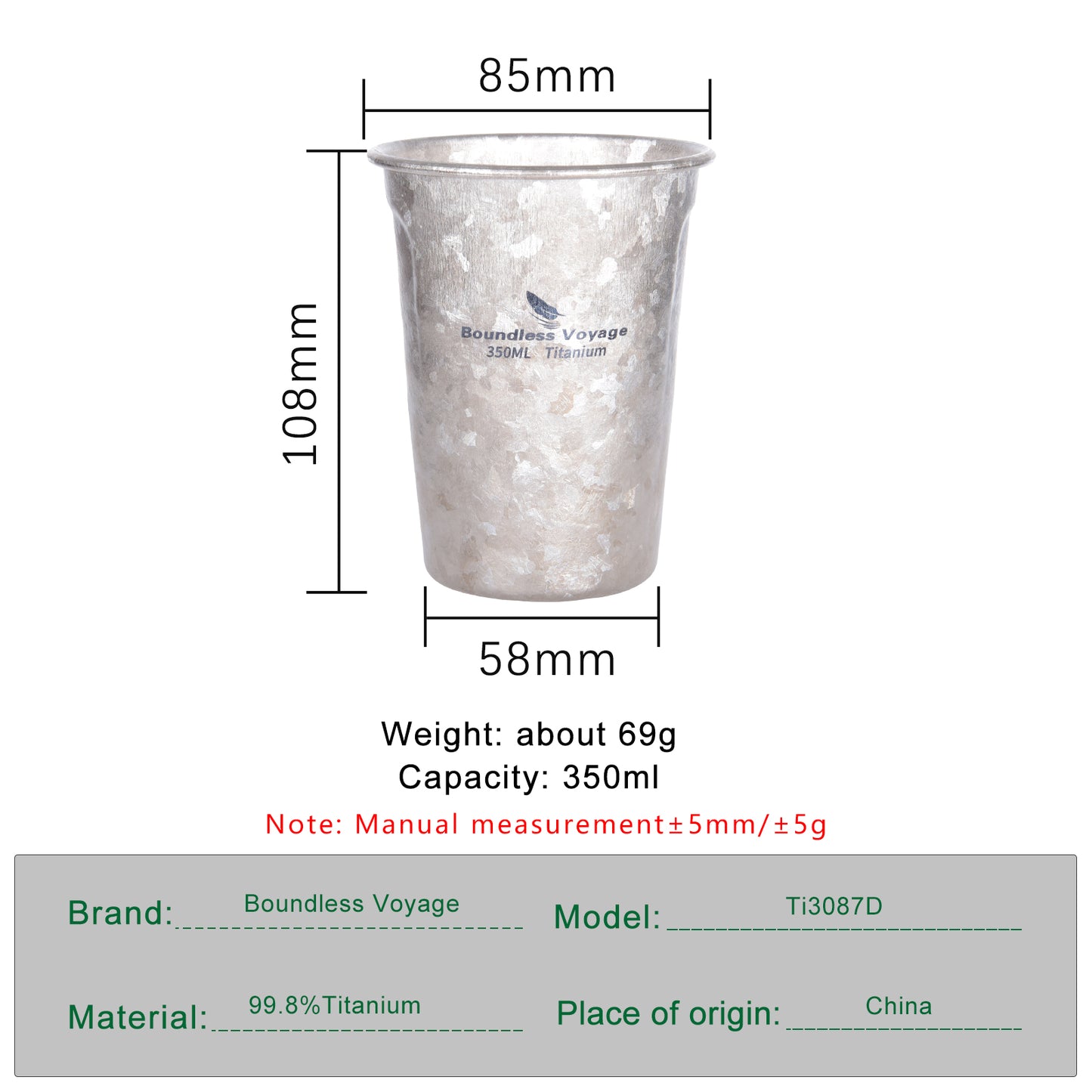 Boundless Voyage Titanium ultra lightweight for outdoor camping Travel portable coffee beer tea Cup 350ml water mug 12oz