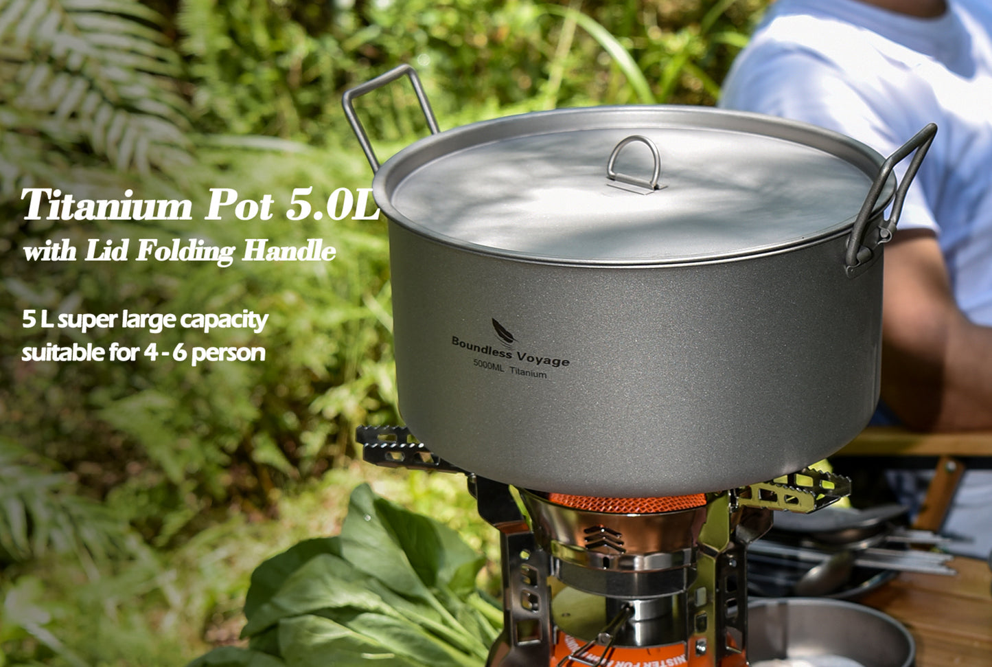 Boundless Voyage Outdoor Camping Titanium Pot 5.0L Stockpot with Lid Folding Handle Hiking Picnic Portable Big Capacity Soup Pot Home Kitchen