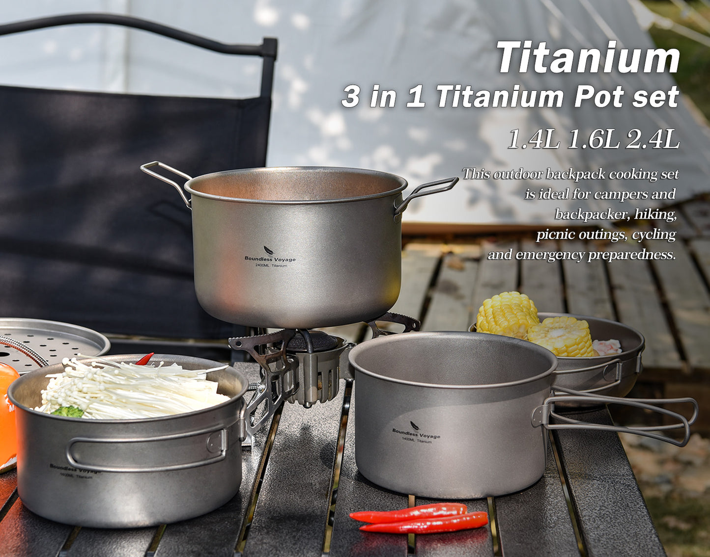 Boundless Voyage Titanium 3pcs Camping Cookware Mess Kit, Camping Cooking Set, Portable Nonstick Camp Pots Set 1.4L 1.6L 2.4L for Outdoor Camping