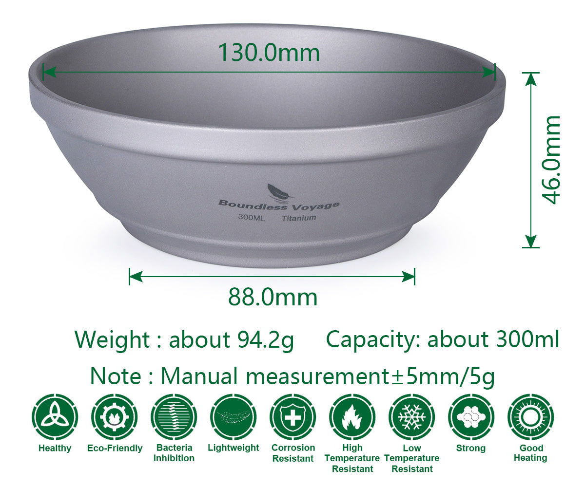 Boundless Voyage Titanium Double-Wall Bowl 300ml For Outdoor Camping Home Tableware Lightweight