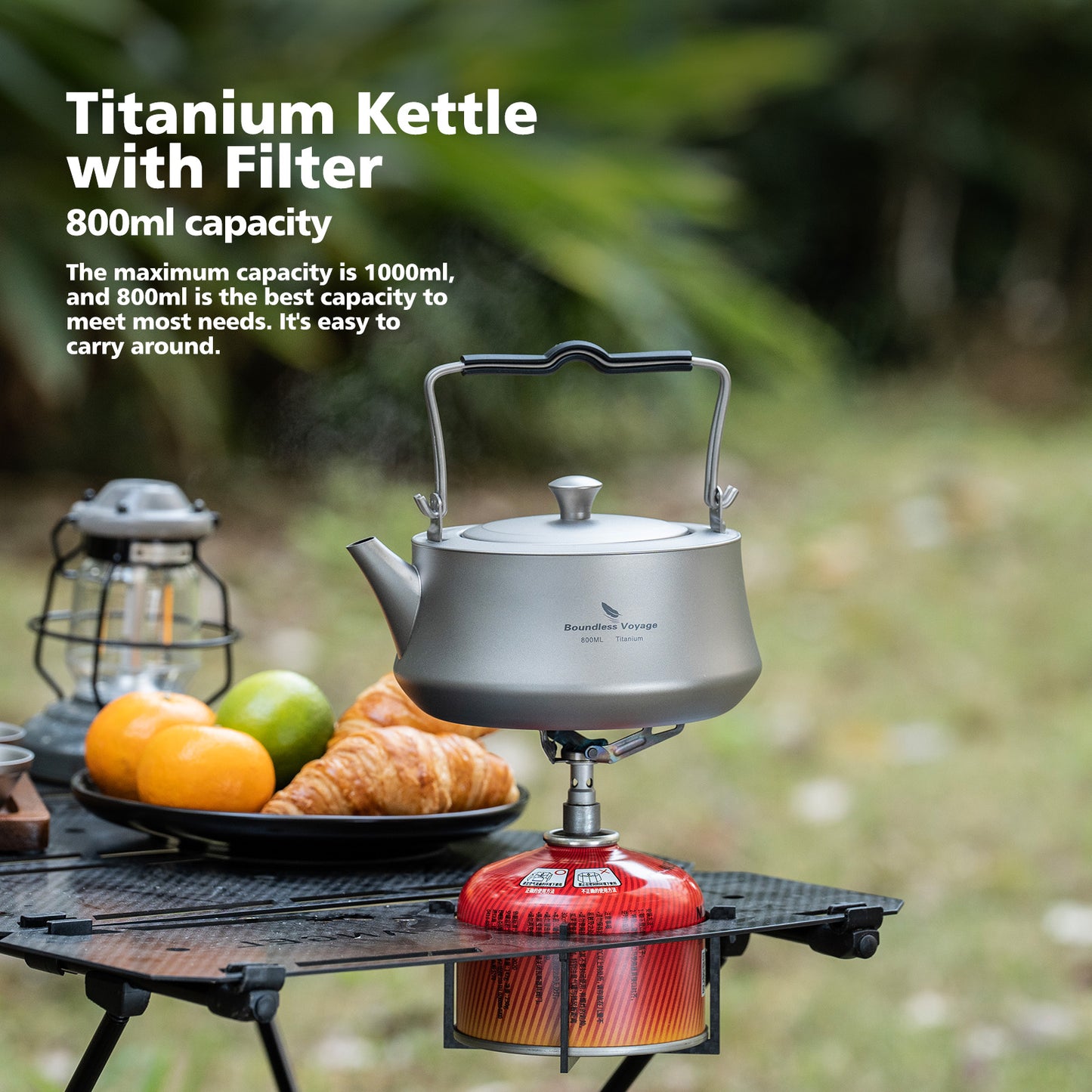 Boundless Voyage 800ML Titanium Kettle with Filter & Folding Handle Ultralight Teapot Outdoor Camping Water Jug for Loose Tea