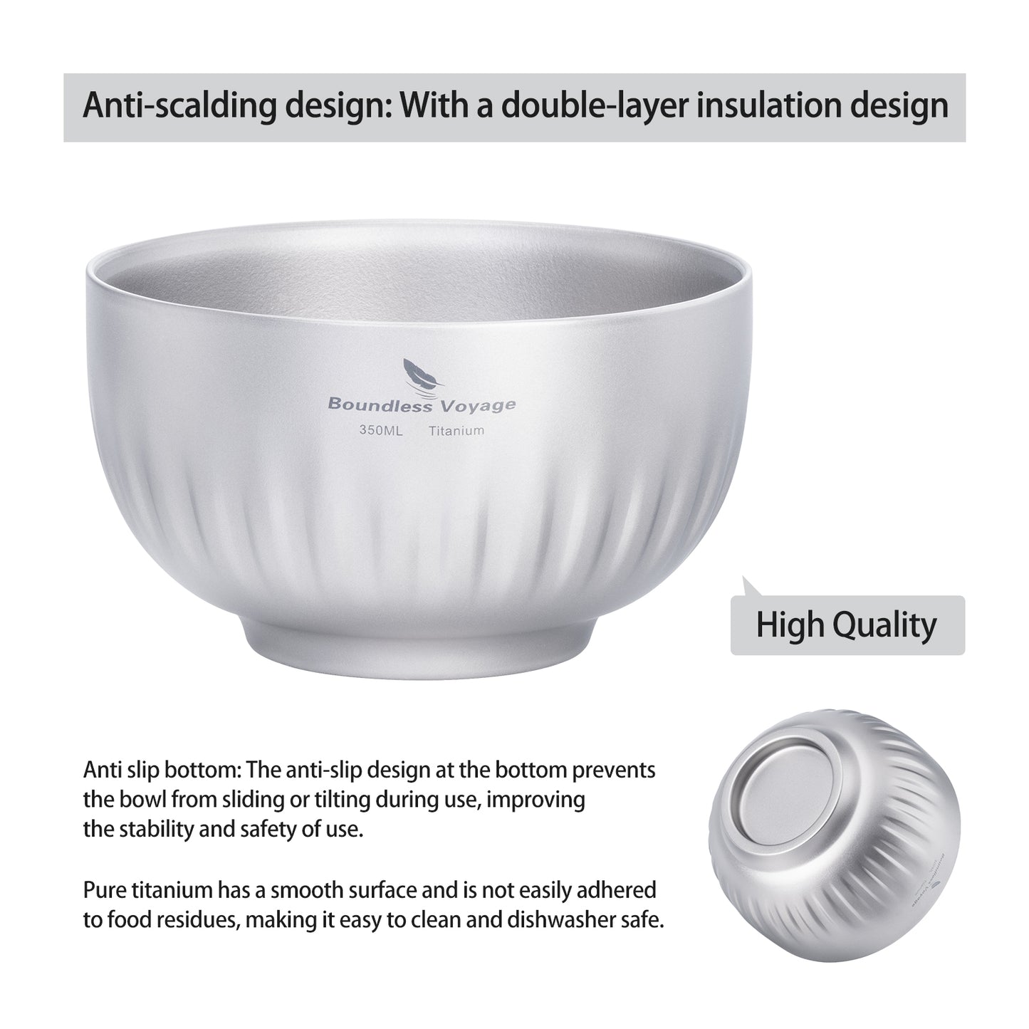 Boundless Voyage 350ml Titanium Double-Walled Bowl – Ultralight Insulated Camping Tableware for Rice, Soup & Oatmeal
