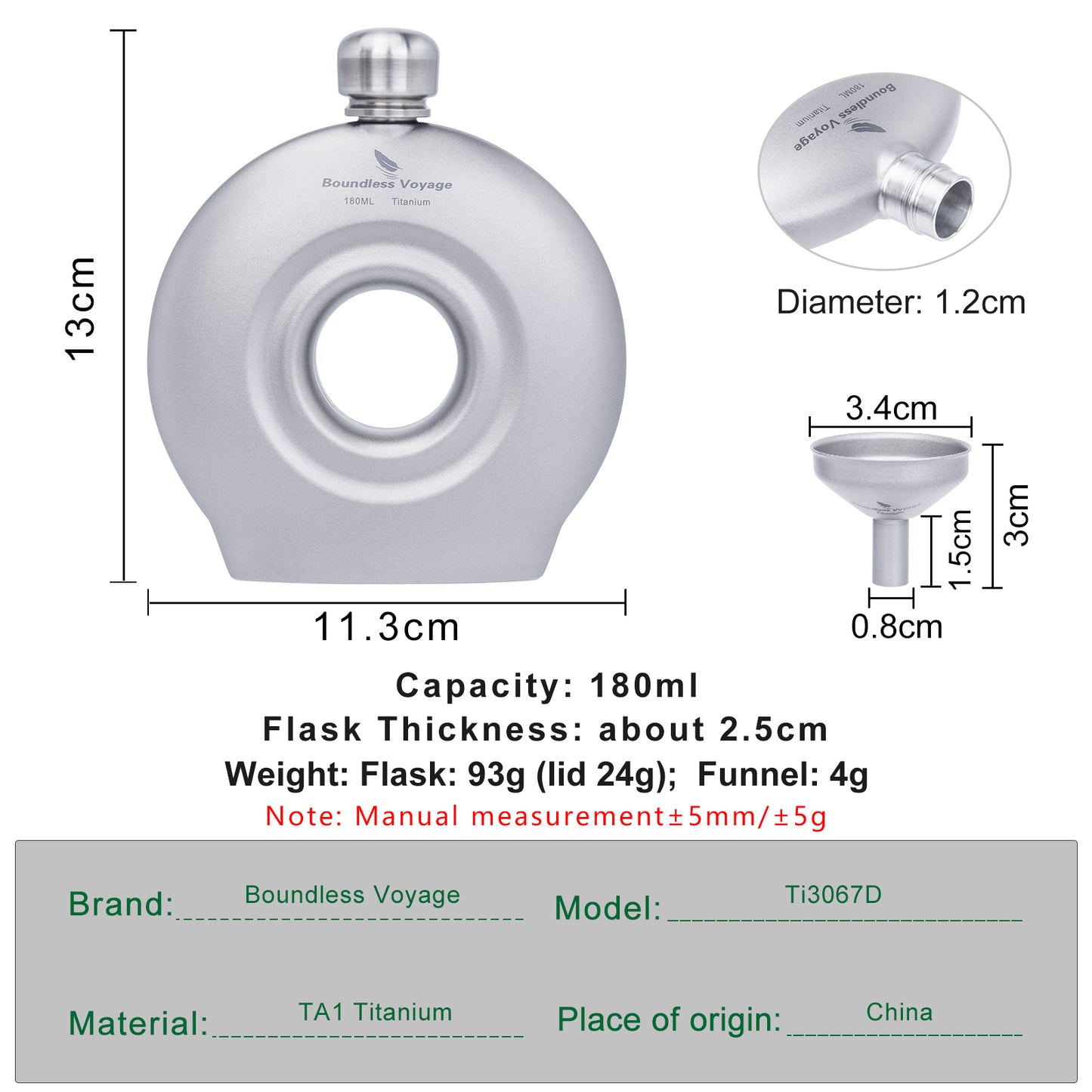 Boundless Voyage Titanium Hip Flask with Funnel – Eco-Friendly, Lightweight & Durable | 180ml Whiskey Flask for Camping, Travel & Home Use