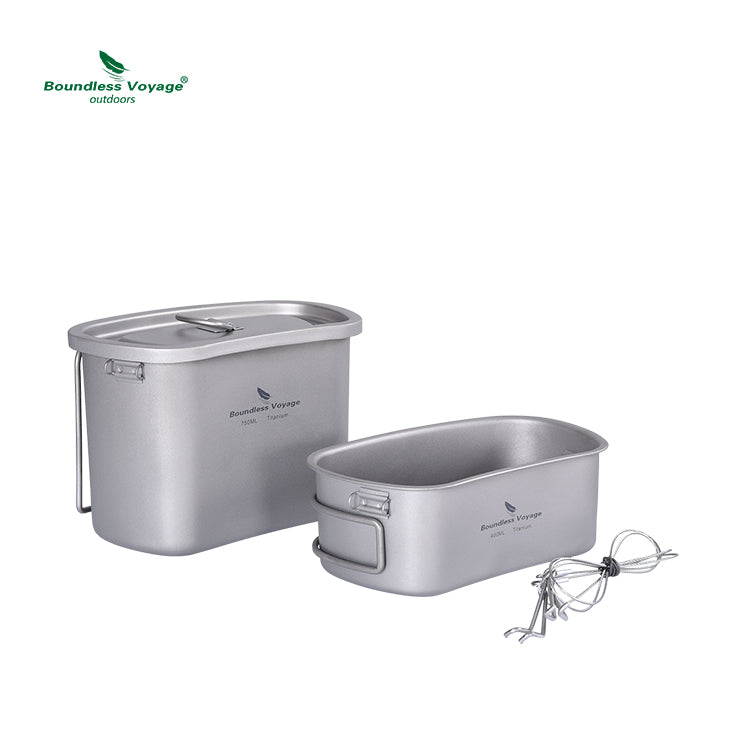 Boundless Voyage Titanium Military Titanium Canteen Set 400ml+750ml Outdoor Camping Bowl Kettle Cooking Set Mess Kit Lightweight