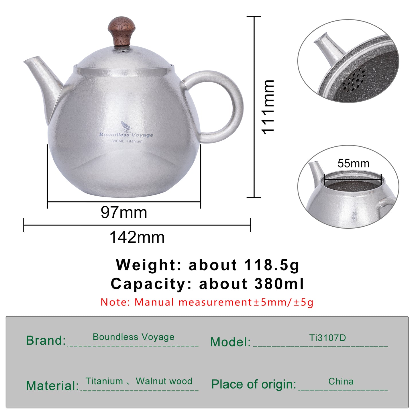 Boundless Voyage Titanium Kungfu Teapot 380ml – Folding Handle Outdoor Coffee & Tea Pot for Camping, Hiking & Backpacking