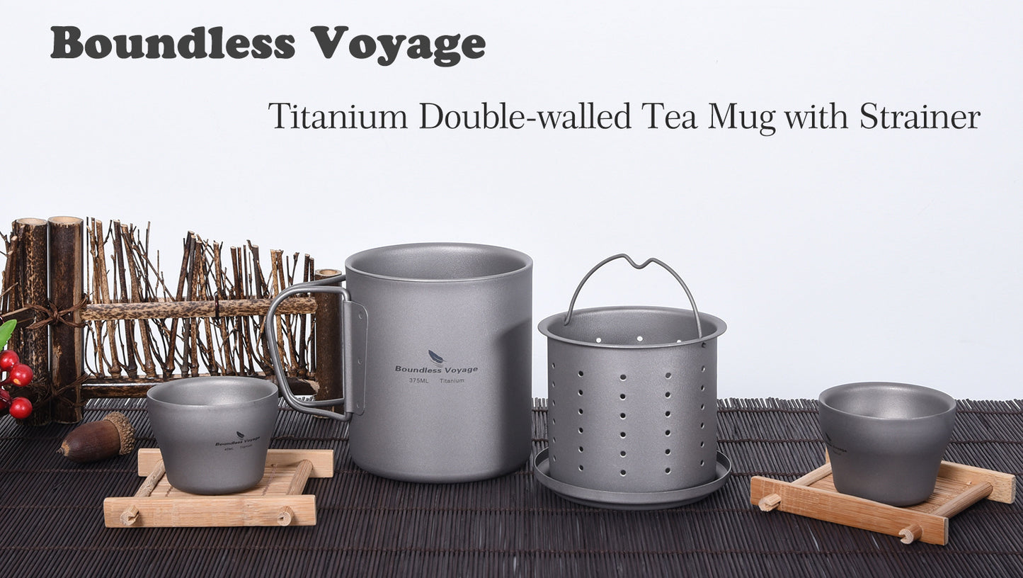 Boundless Voyage Titanium Double-walled Tea Mug with Strainer Shot Glass Outdoor Camping Portable Coffee Cup Set