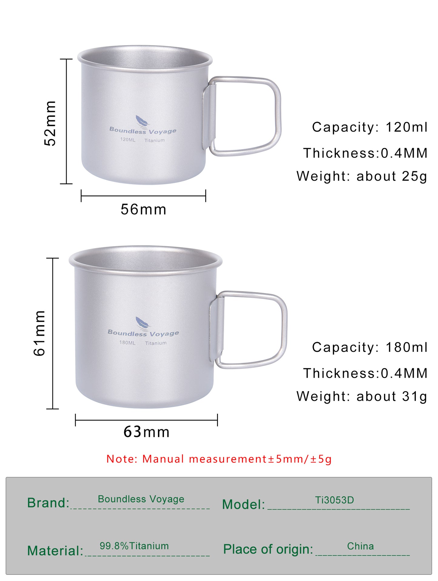 Boundless Voyage Titanium ultra lightweight 120ml and 180ml tea cup wine mug for outdoor camping coffee beer cup without lid