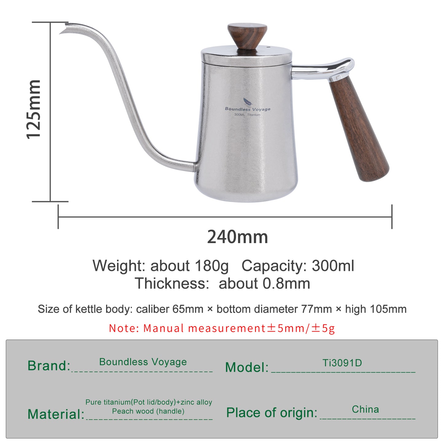 Boundless Voyage 300ml Titanium Pour Over Coffee Kettle with Beech Wood Handle – For Home, Office & Camping