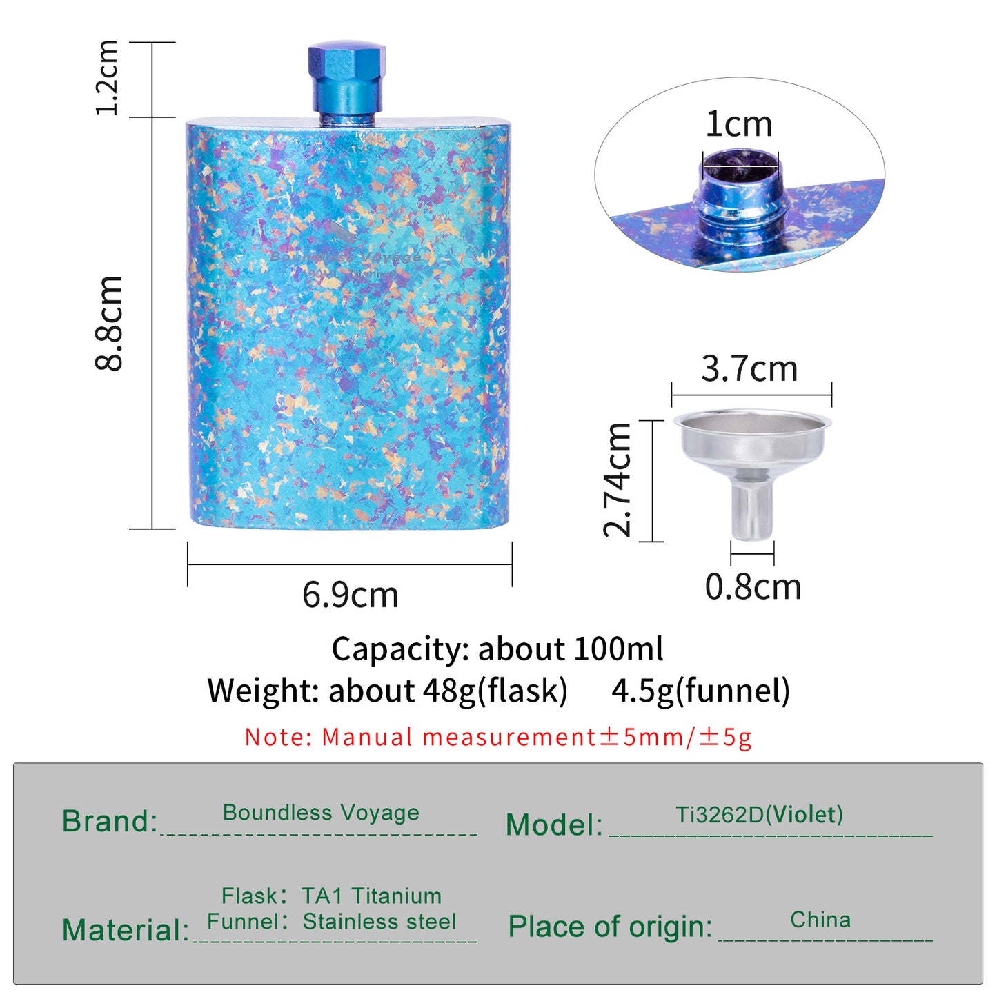 Boundless Voyage Titanium Colorful Flask Ultralight Mini Ti Flagon for Outdoor Travel Water Juice Whiskey Wine Pot Bottle 100m