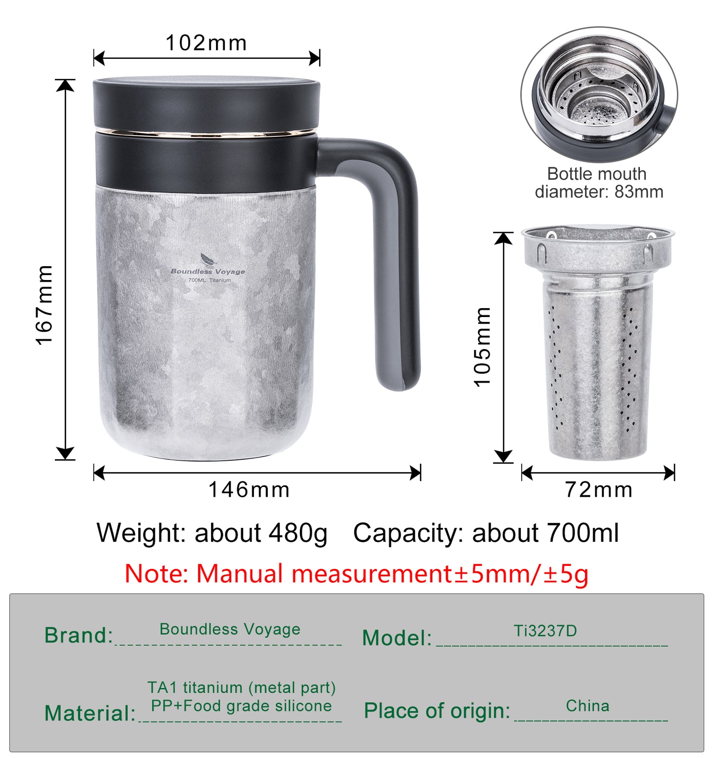 Boundless Voyage Titanium 700ml Double-Walled Insulated Cup with Lid & Filter | Portable Travel Coffee Mug for Hot & Cold Drinks