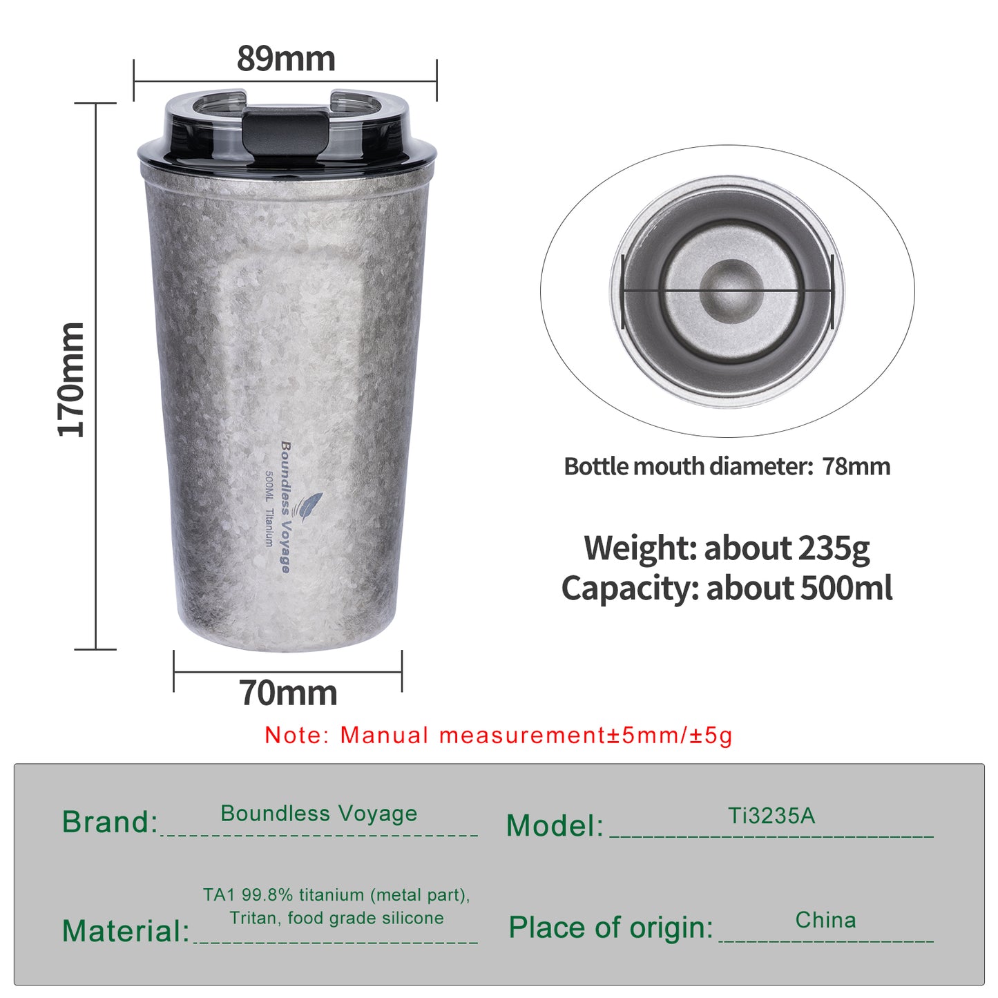 Boundless Voyage Titanium Thermos Bottle with Lid Double-Walled Insulated Water Mug 500ml
