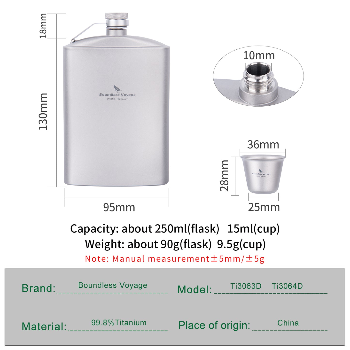 Boundless Voyage Outdoor Titanium Hip Flask with Funnel Camping Hiking Climbing Pocket Alcohol Whiskey Flask Flagon Wine Cup Mug Pot 8.5oz/250ml & 150ml Cup