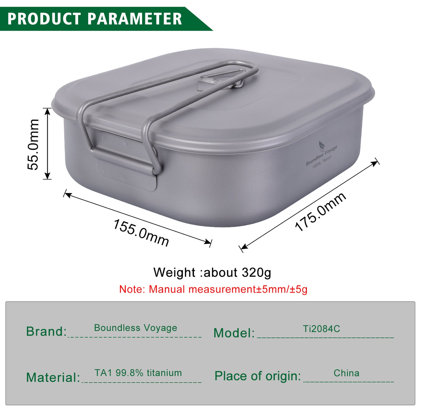 Boundless Voyage Outdoor Titanium Military Mess Tin with Lid & Folding Handle – 1000ml | Ultralight Camping Bushcraft Cookware, Lunch Box, Bowl & Pan