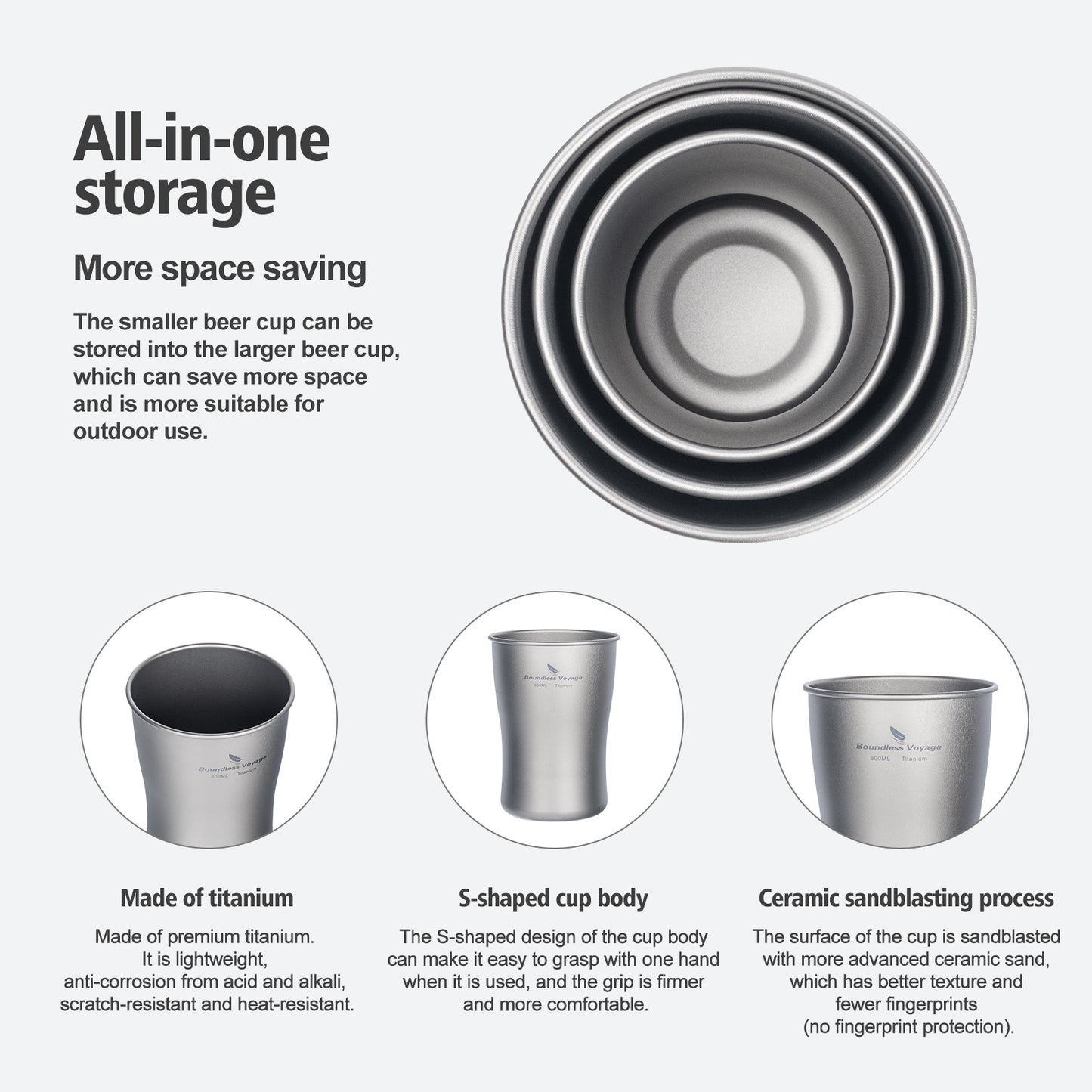 Boundless Voyage Titanium Beer Mugs Ultralight Coffee Tea Juicy Cups for Outdoor Camping Picnic 240ml 380ml 600ml