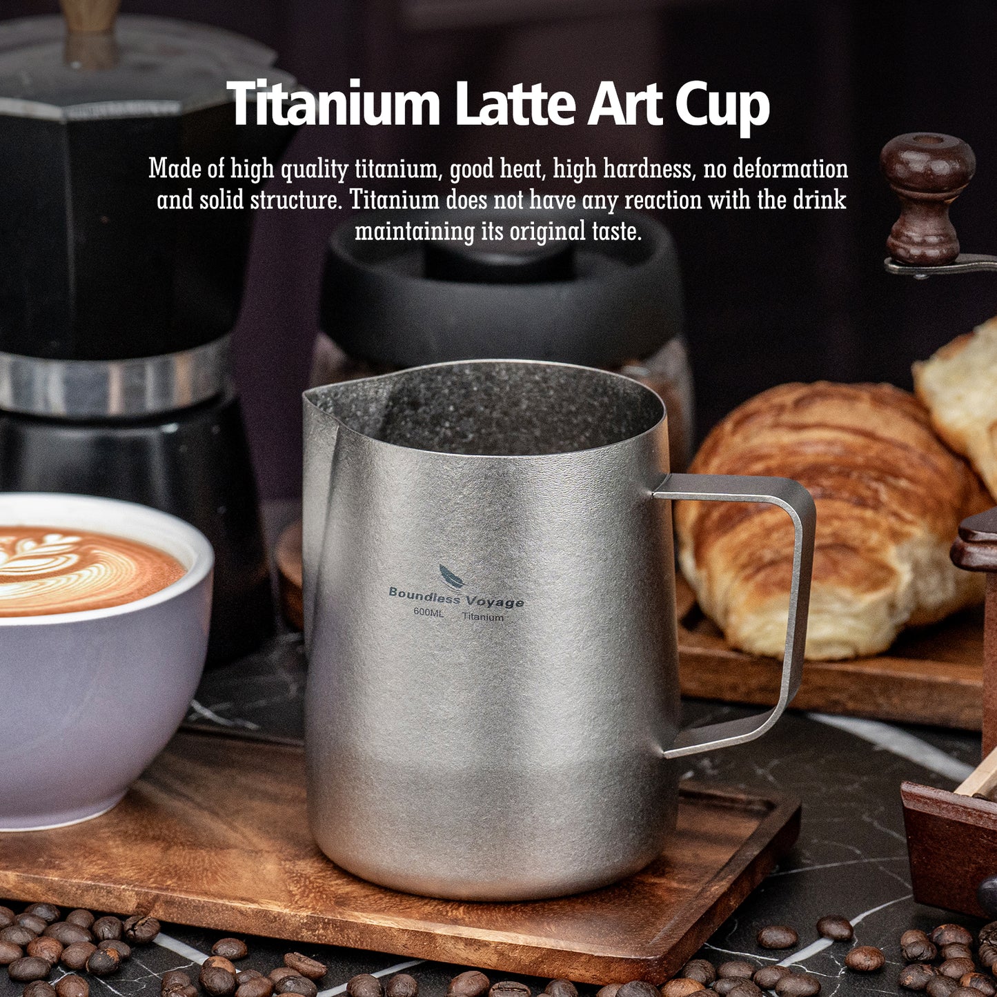 Boundless Voyage Titanium Espresso Steaming Pitcher – Milk Frother Cup with Round Spout for Barista Latte Art & Coffee