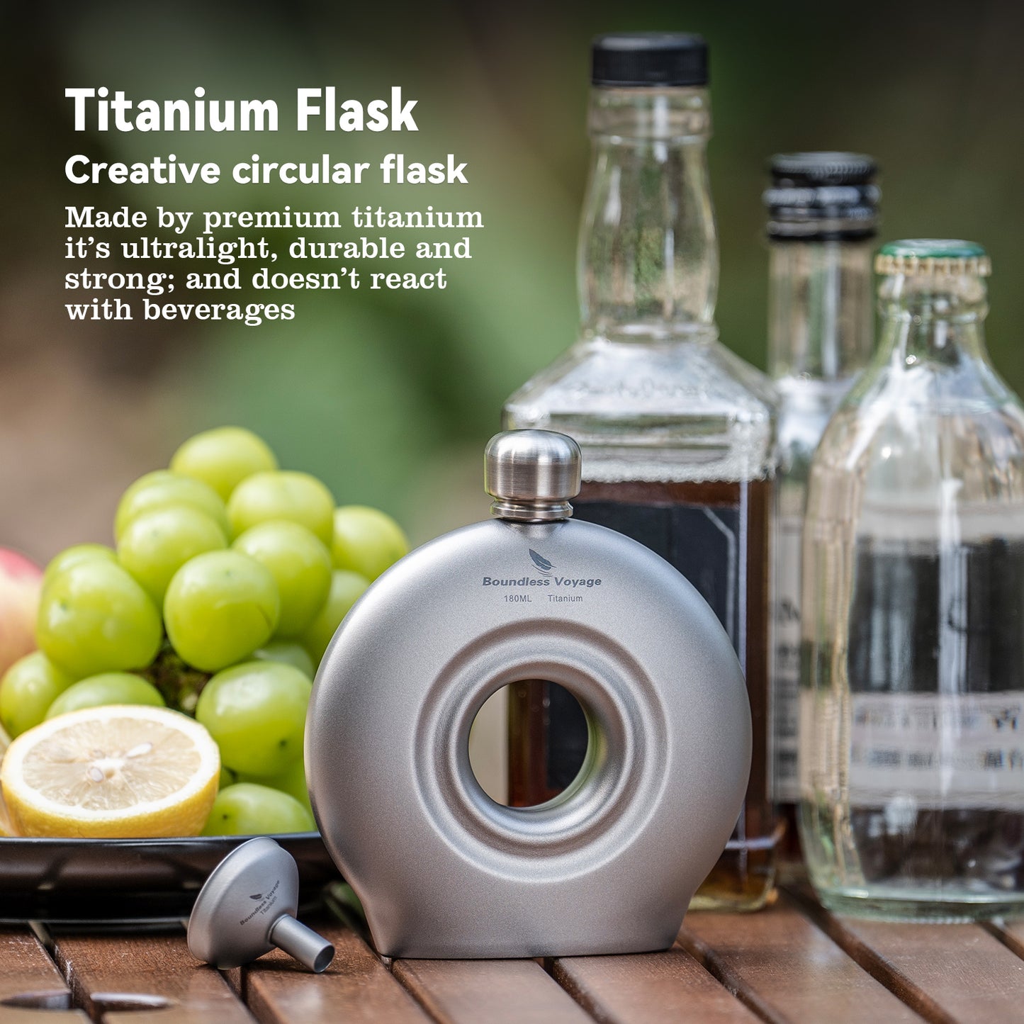 Boundless Voyage Titanium Hip Flask with Funnel – Eco-Friendly, Lightweight & Durable | 180ml Whiskey Flask for Camping, Travel & Home Use