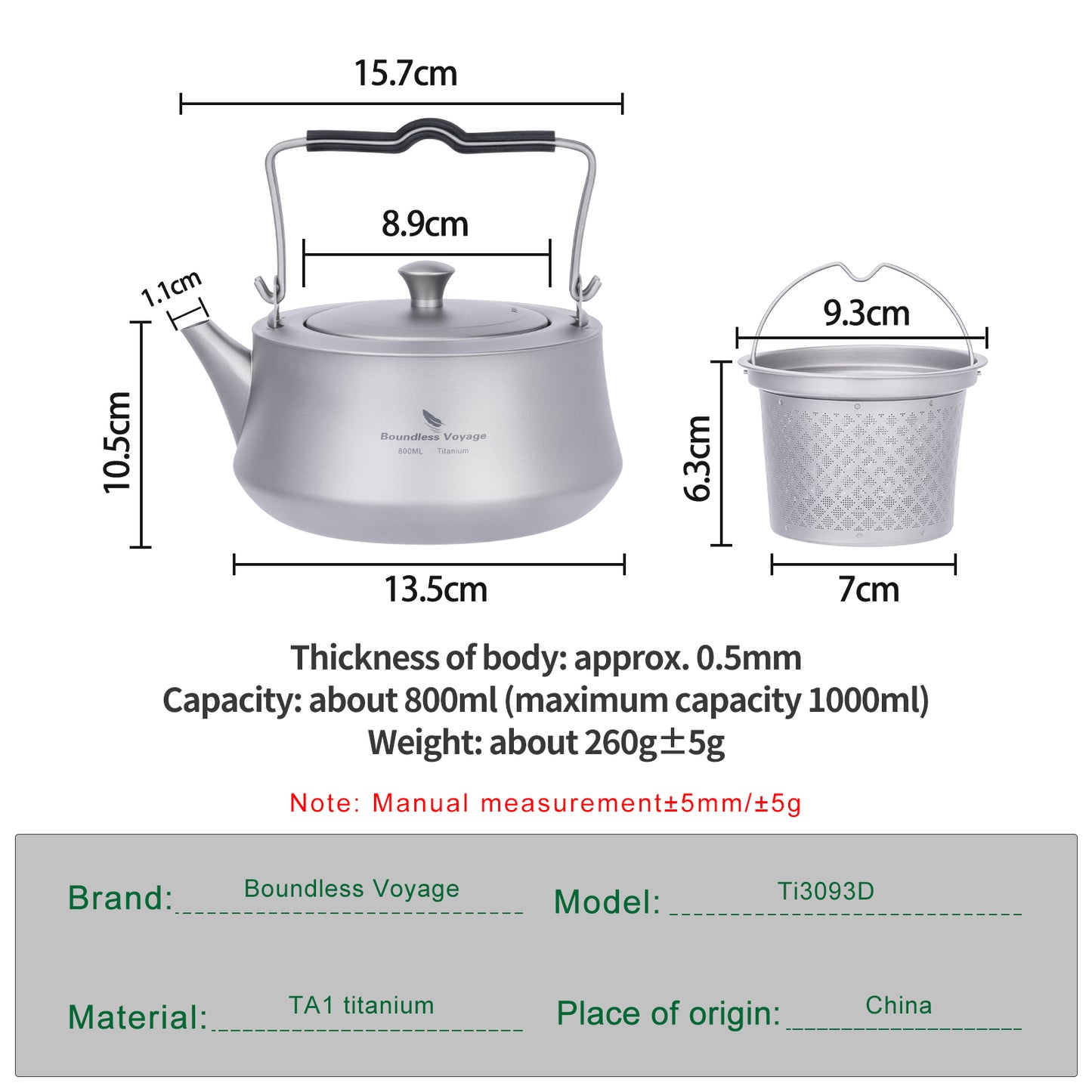 Boundless Voyage 800ML Titanium Kettle with Filter & Folding Handle Ultralight Teapot Outdoor Camping Water Jug for Loose Tea