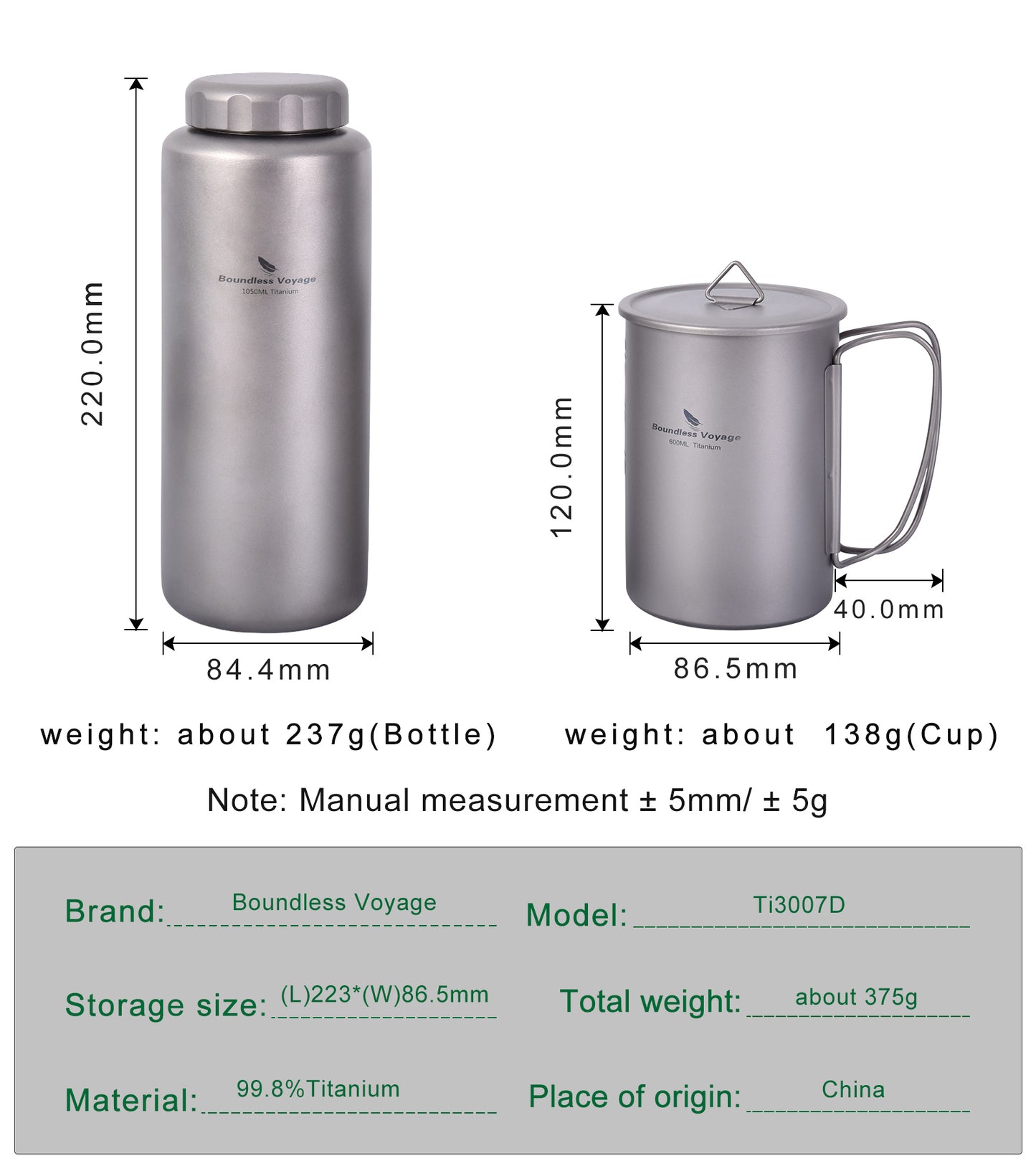 Boundless Voyage Titanium Bottle with Nesting Cup Lightweight Portable for Hiking Camping Water bottle Titanium mug
