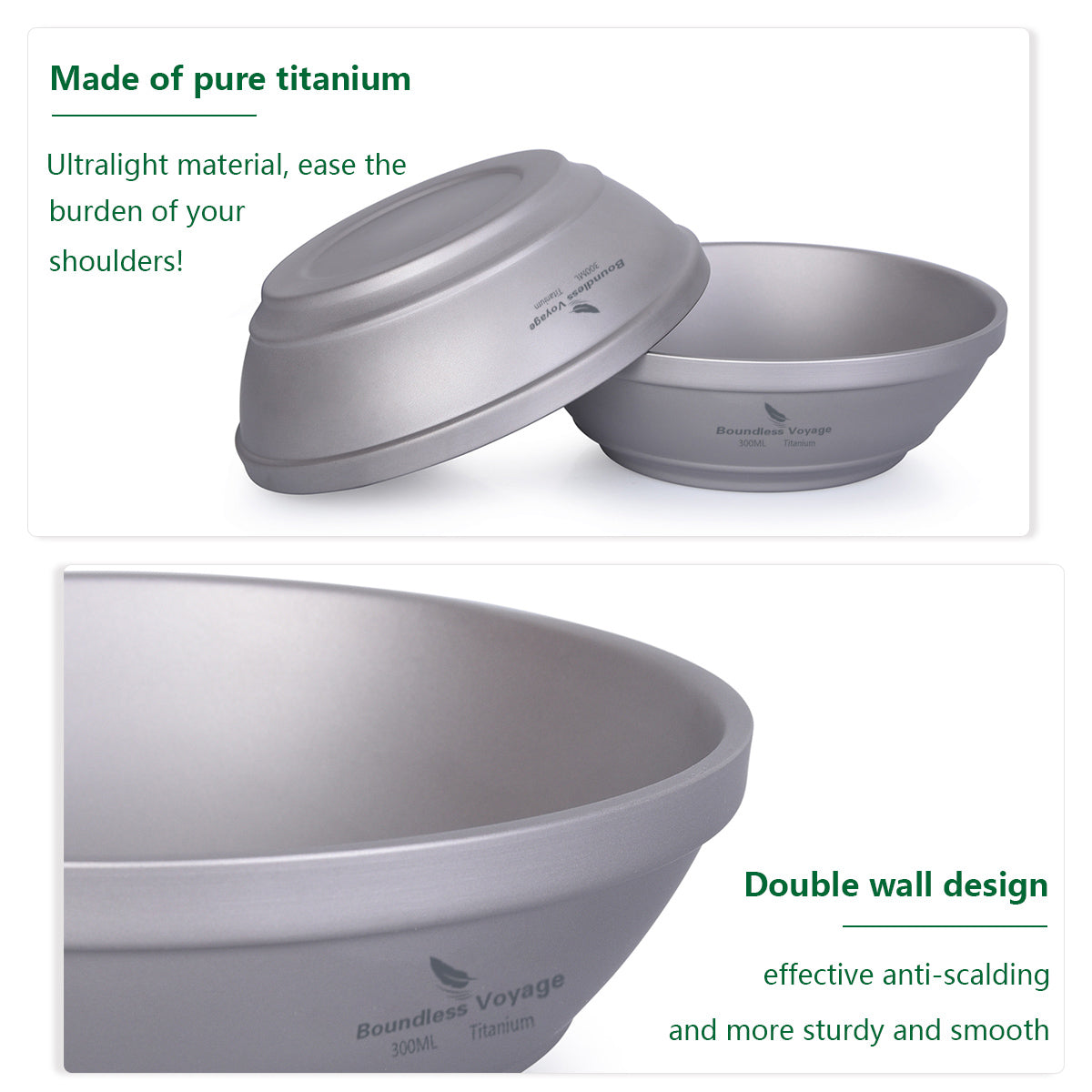 Boundless Voyage Titanium Double-Wall Bowl 300ml For Outdoor Camping Home Tableware Lightweight