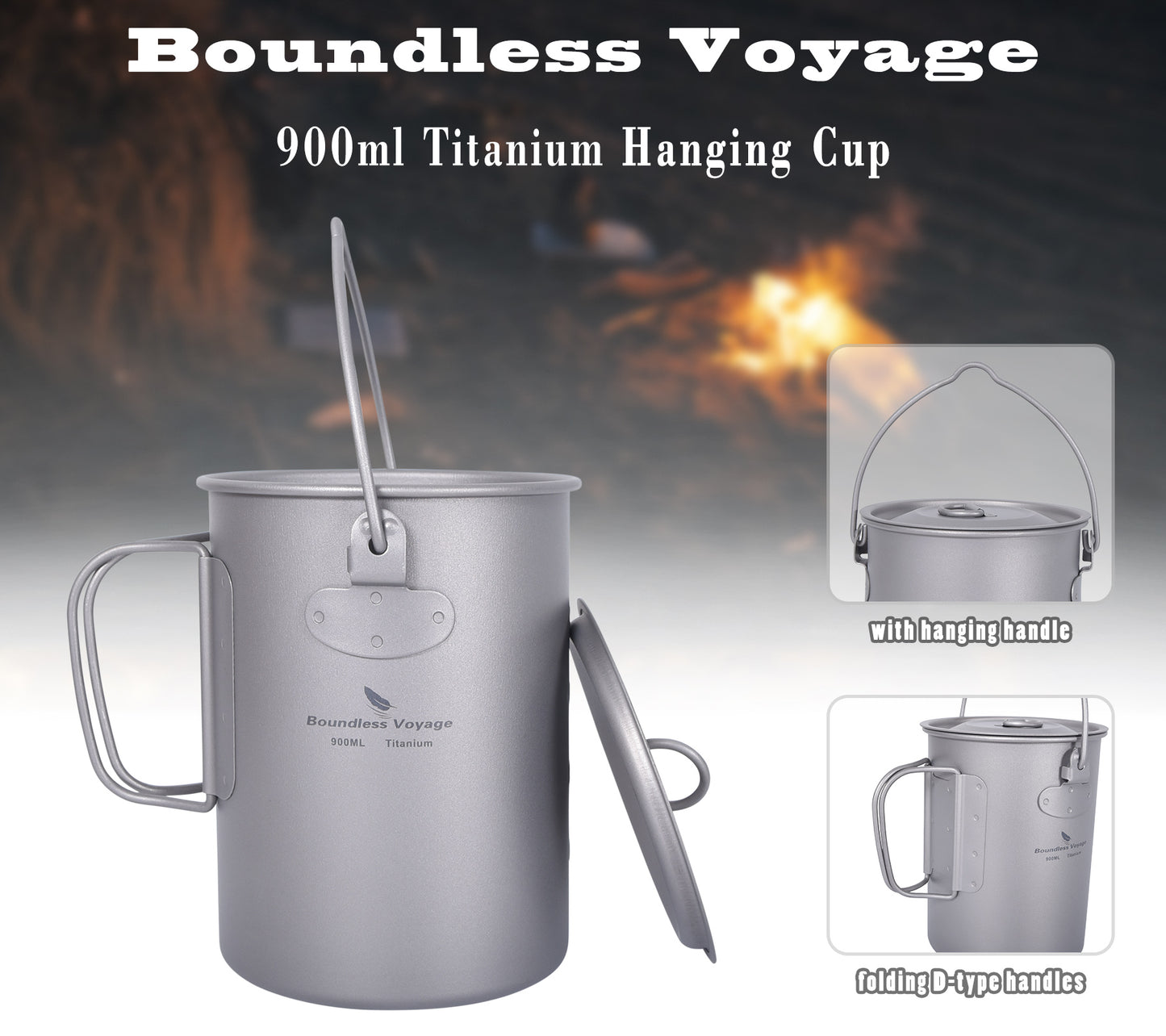 Boundless Voyage Titanium 900ml Camping Mug Pot – Ultralight Hanging Cup with Folding Handle for Hiking, Cooking & Outdoor Use