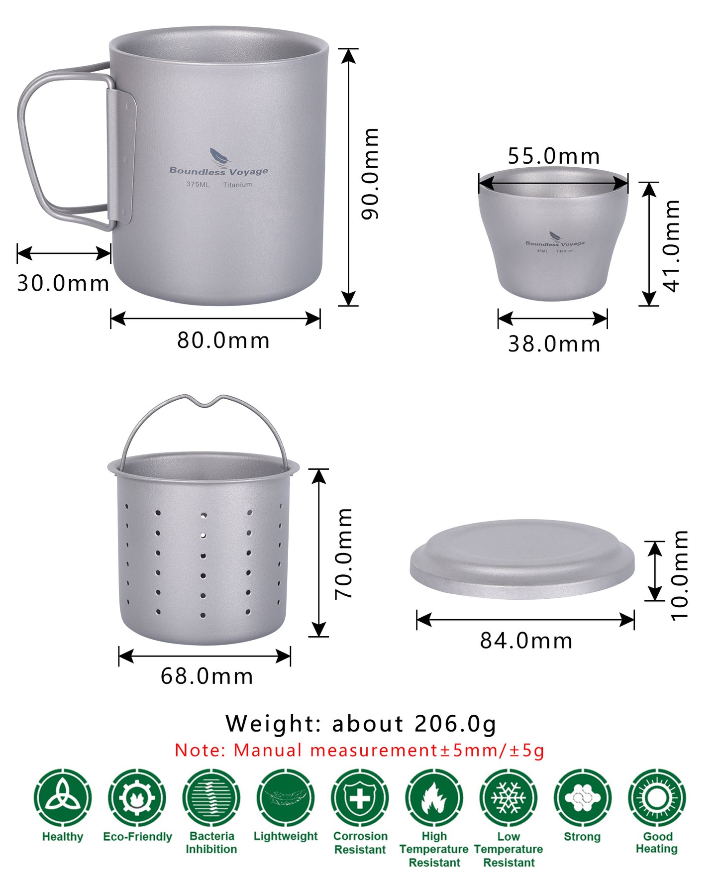 Boundless Voyage Titanium Double-walled Tea Mug with Strainer Shot Glass Outdoor Camping Portable Coffee Cup Set
