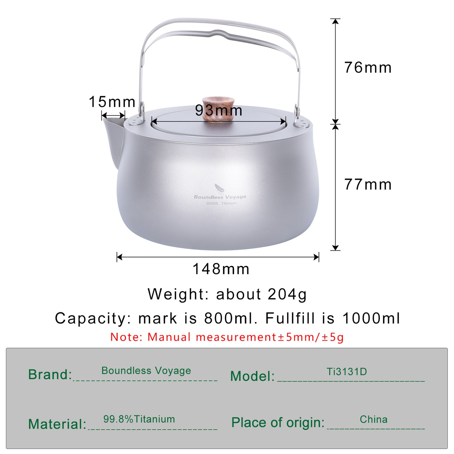 Boundless Voyage Titanium Kettle 800ml – Folding Handle Teapot & Coffee Pot for Outdoor Camping, Hiking & Travel