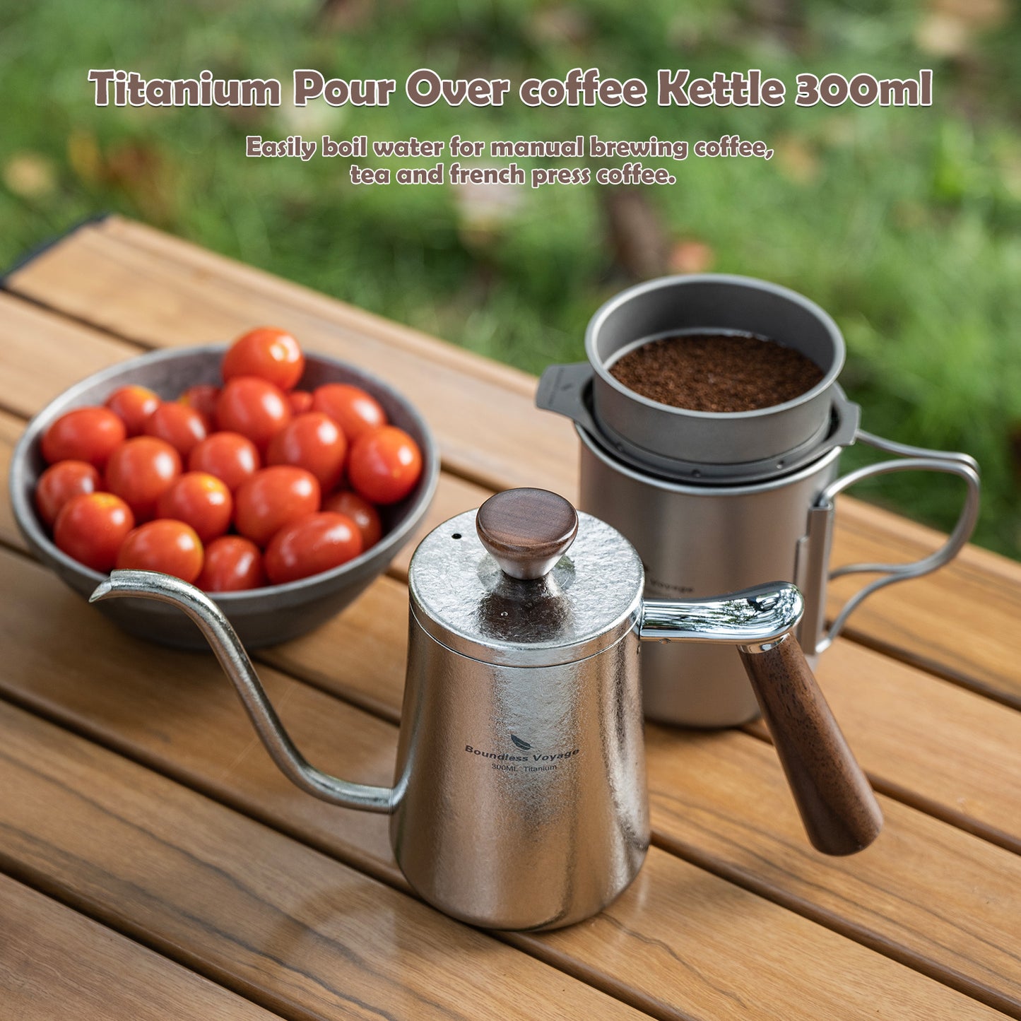 Boundless Voyage 300ml Titanium Pour Over Coffee Kettle with Beech Wood Handle – For Home, Office & Camping