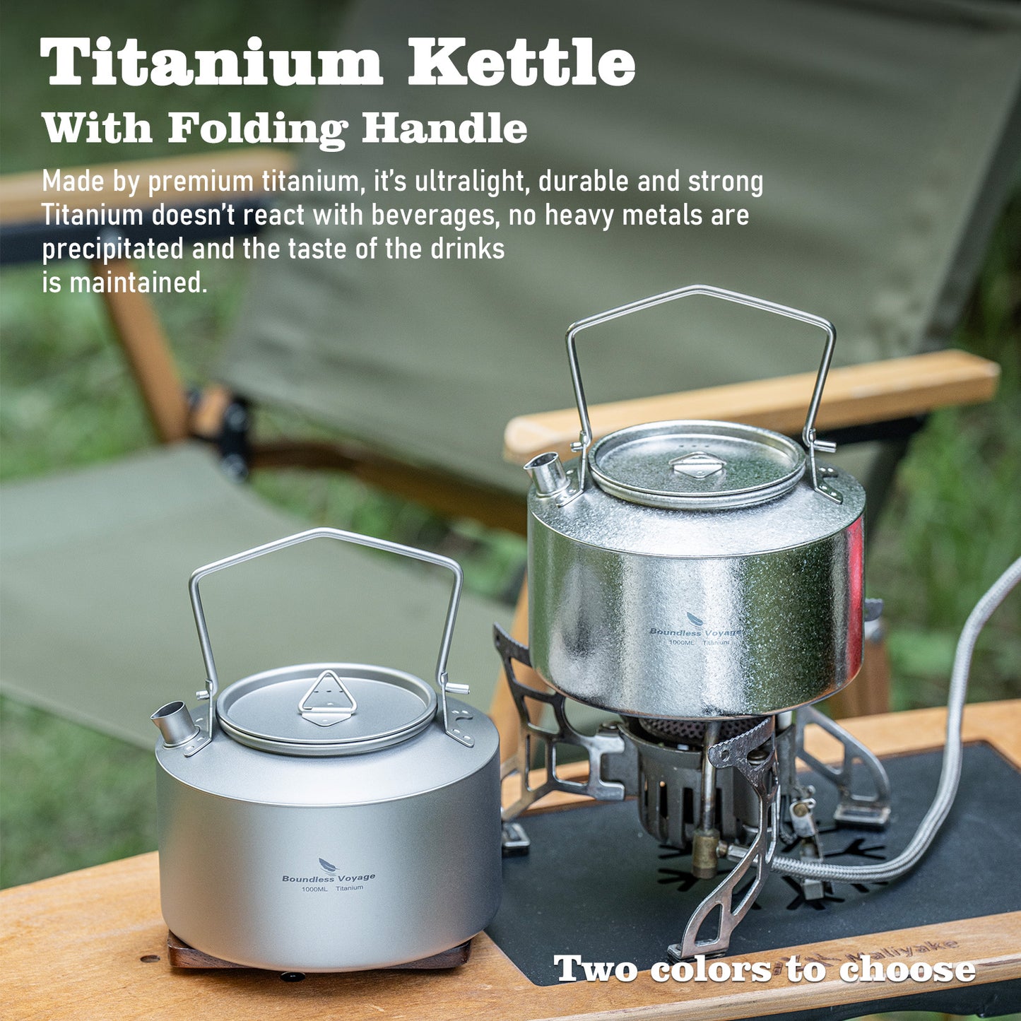 Boundless Voyage 1000ml Titanium Kettle with Folding Handle – Eco-Friendly, Lightweight & Durable | Ideal for Camping, Hiking & Outdoor Use
