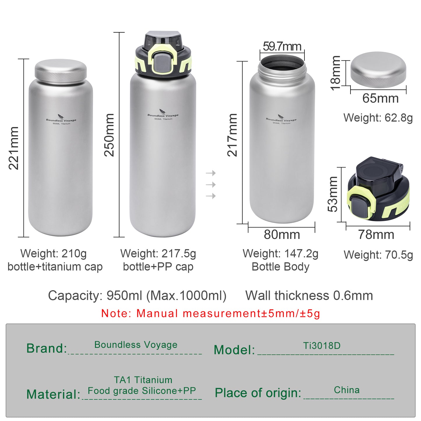 Boundless Voyage 950ml Titanium Water Bottle with Lids – TA1 Ultralight Wide Mouth Canteen for Hiking, Camping & Travel