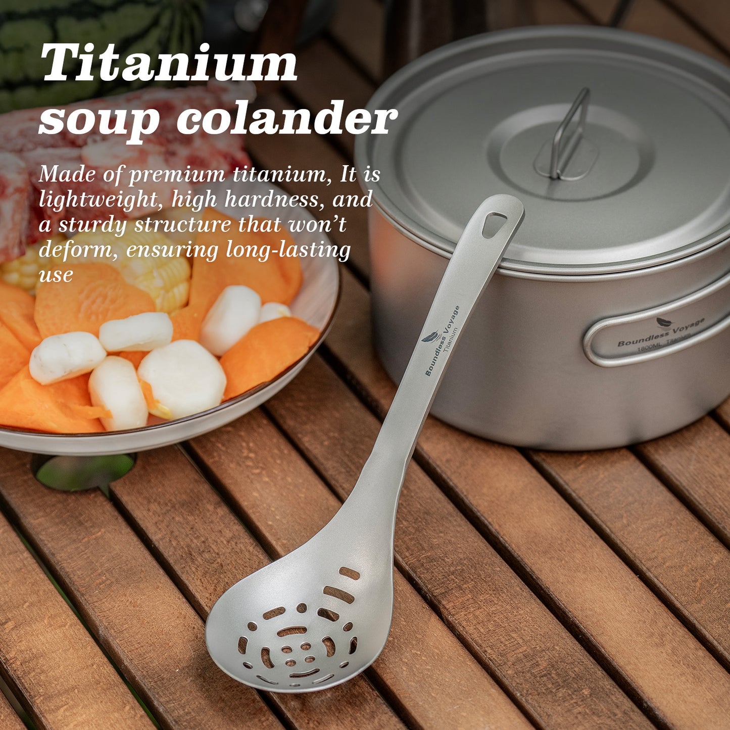 Boundless Voyage Ultralight Titanium Soup Skimmer & Colander – Long Handle Portable Cooking Tool for Frying & Kitchen Use