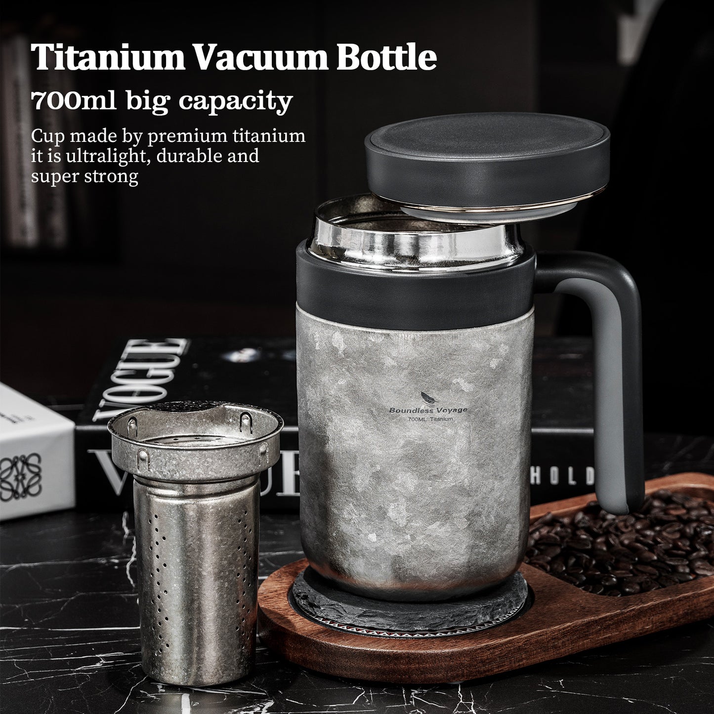 Boundless Voyage Titanium 700ml Double-Walled Insulated Cup with Lid & Filter | Portable Travel Coffee Mug for Hot & Cold Drinks