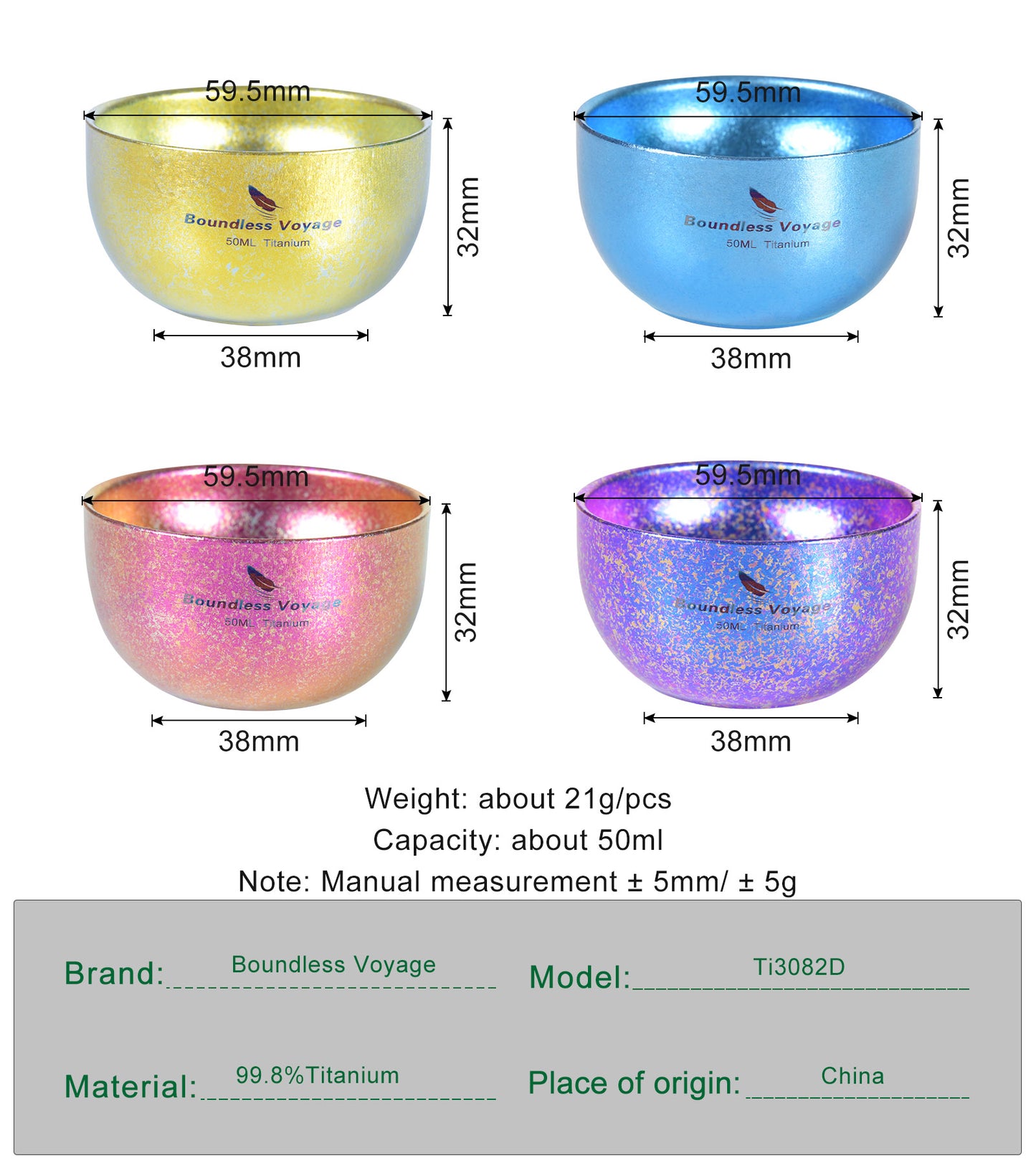 Boundless Voyage 50ml Double-Wall Titanium Cup – Colorful Insulated Espresso & Tea Shot Cup, Ultralight TA1 Titanium Mini Mug for Camping, Whiskey & Travel