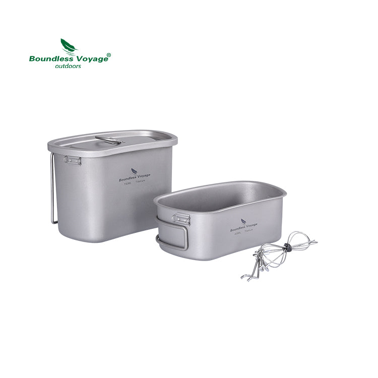 Boundless Voyage Titanium Military Titanium Canteen Set 400ml+750ml Outdoor Camping Bowl Kettle Cooking Set Mess Kit Lightweight