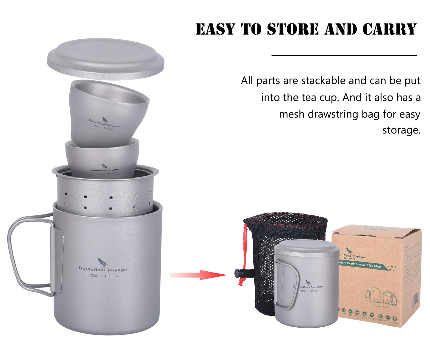 Boundless Voyage Titanium Double-walled Tea Mug with Strainer Shot Glass Outdoor Camping Portable Coffee Cup Set