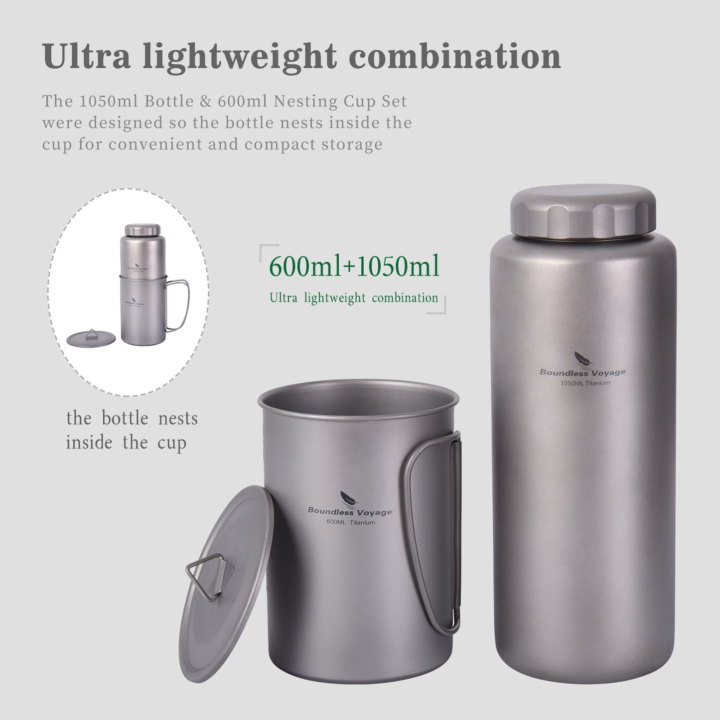 Boundless Voyage Titanium Bottle with Nesting Cup Lightweight Portable for Hiking Camping Water bottle Titanium mug