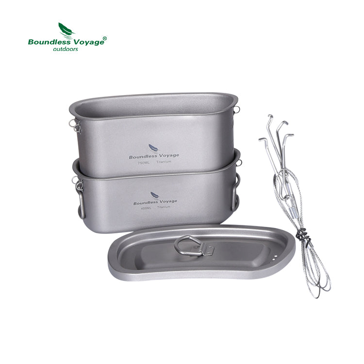 Boundless Voyage Titanium Military Titanium Canteen Set 400ml+750ml Outdoor Camping Bowl Kettle Cooking Set Mess Kit Lightweight