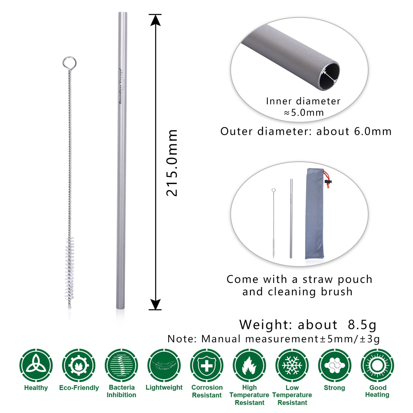 Titanium Straight Straw Reusable Ultralight Durable Eco-Friendly Metal Drinking Straw for Outdoor Camping Travel Home