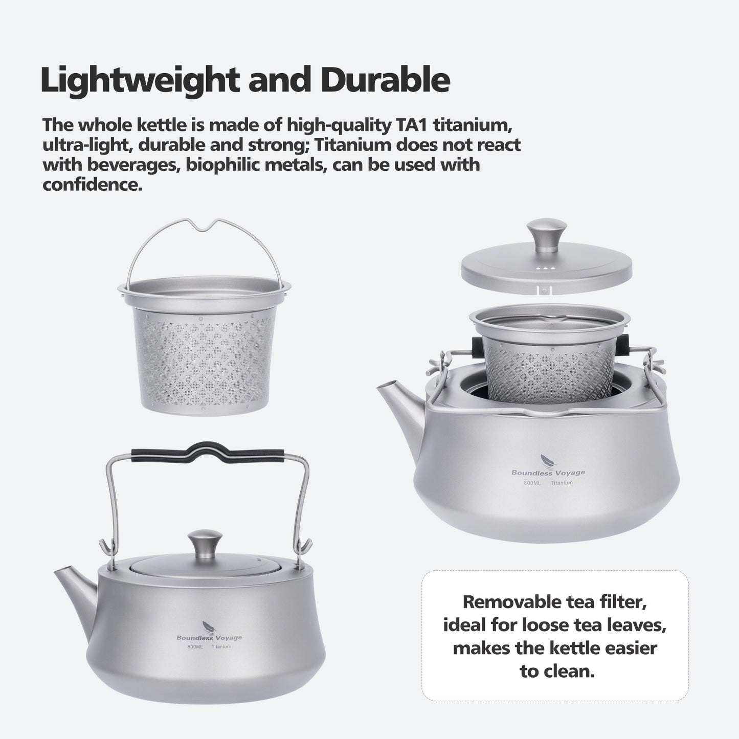 Boundless Voyage 800ML Titanium Kettle with Filter & Folding Handle Ultralight Teapot Outdoor Camping Water Jug for Loose Tea