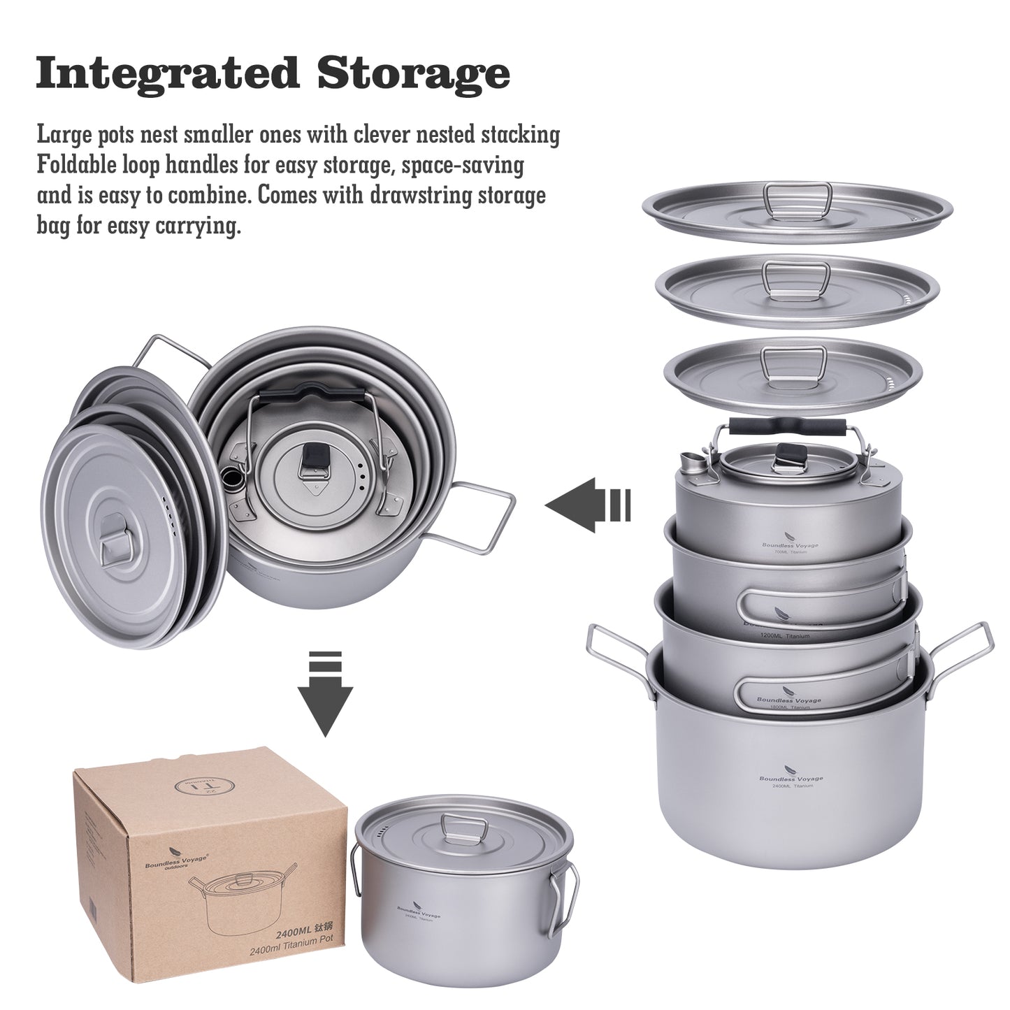 Boundless Voyage Titanium 3pcs Camping Cookware Mess Kit, Camping Cooking Set,Portable Camp Pots Set 1.2L 1.8L 2.4L for Outdoor Camping, Picnic, Hiking, Backpacking