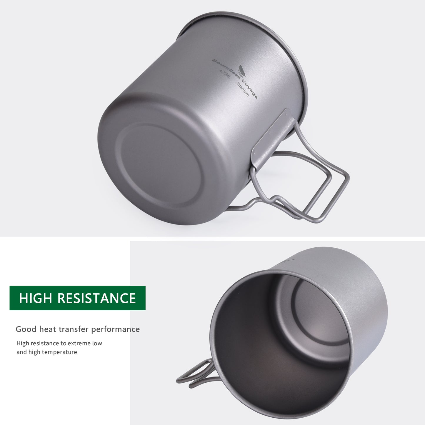 Boundless Voyage Outdoor Titanium Cup 420ml Camping Mug Foldable Handle Outdoor Hiking Ultralight Portable Water Coffee Tea Cup
