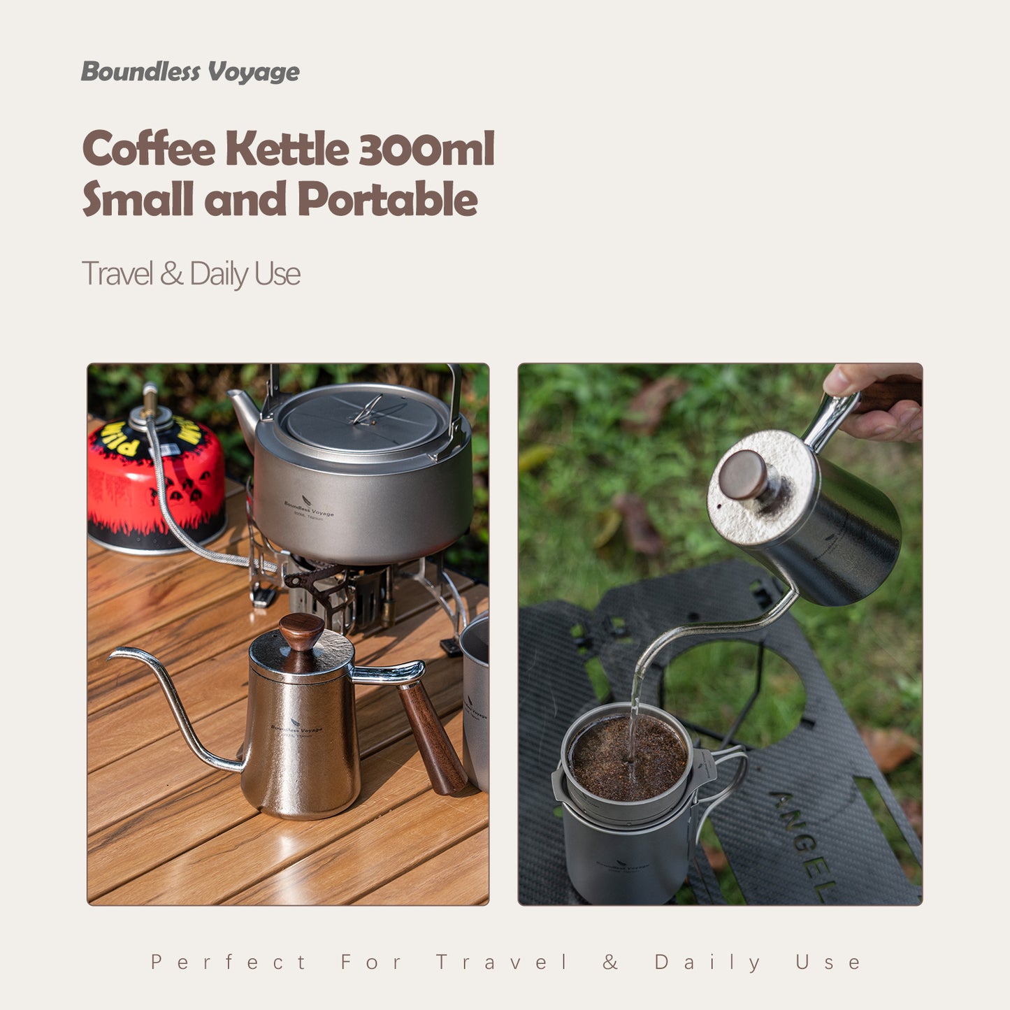 Boundless Voyage 300ml Titanium Pour Over Coffee Kettle with Beech Wood Handle – For Home, Office & Camping
