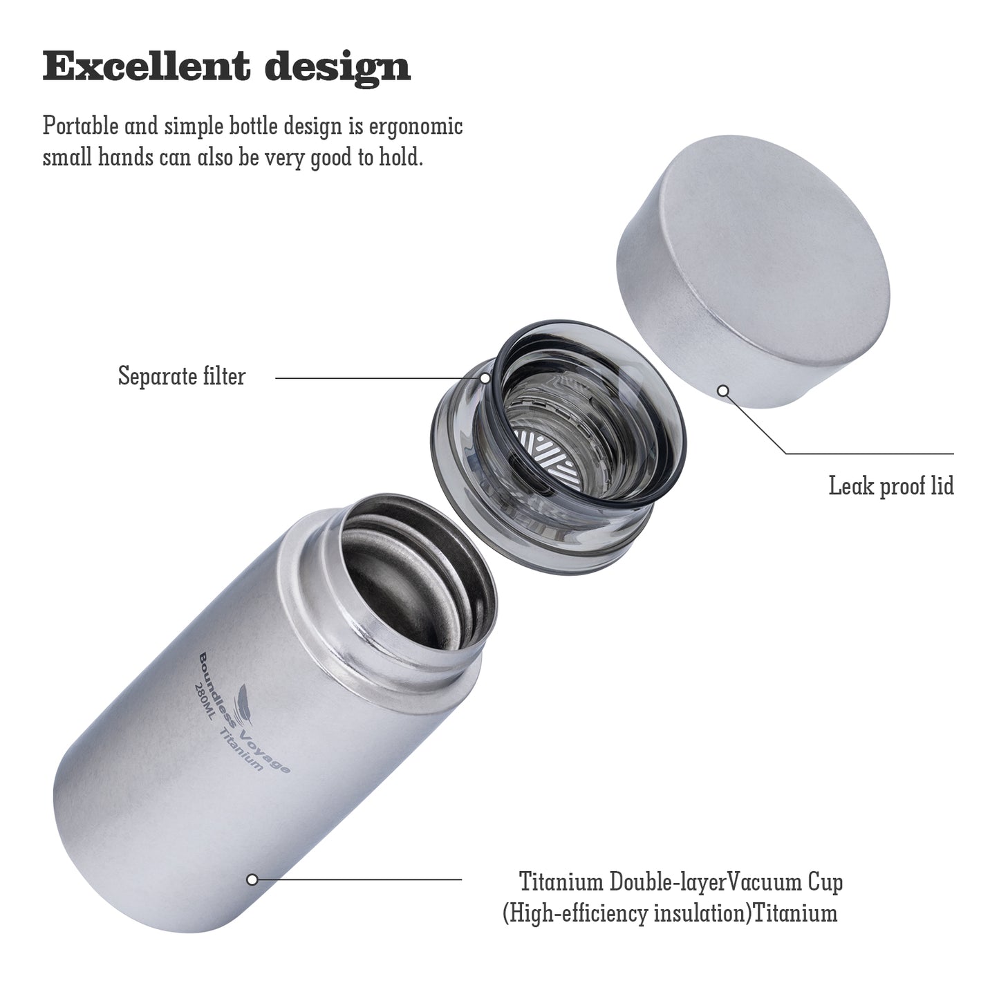 Boundless Voyage 280ml Titanium Vacuum Flask Small Insulated Bottle Portable Car Travel Coffee Tea Cup Keeps Hot or Cold Mini Sports Water Bottle for Chlid Girls