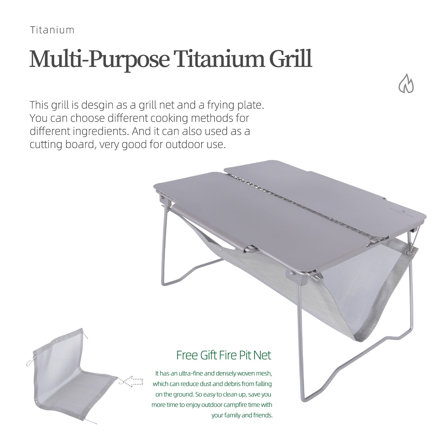 Boundless Voyage TA1 Titanium 2-in-1 Folding Campfire Grill – Portable Outdoor BBQ Table with Frying Plate & Collapsible Legs for Camping, Picnic & Backpacking