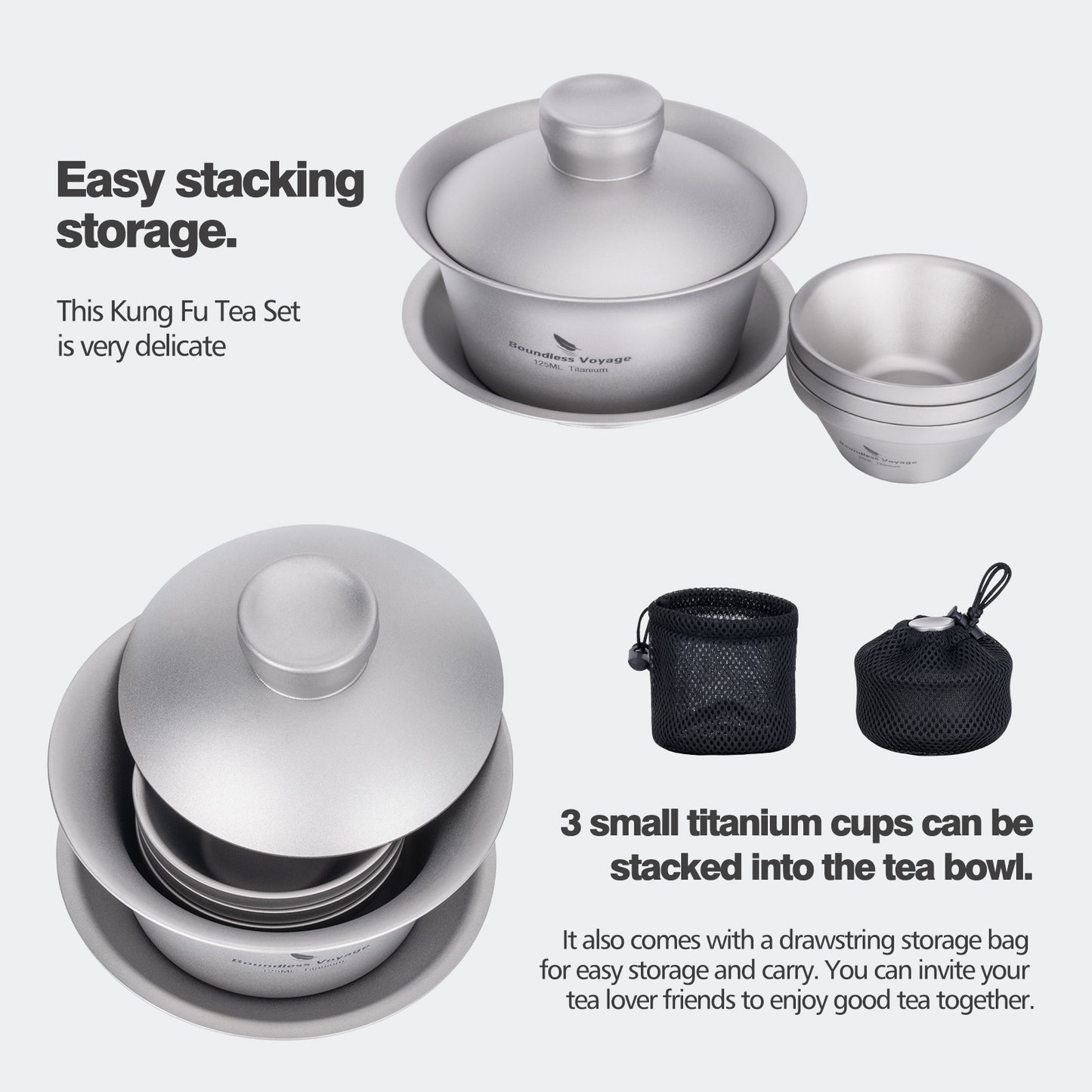 Boundless Voyage Titanium Tea Cup with Lid Traditional Chinese Kung Fu Gaiwan Double-Walled Anti-Scalding Tea Bowl Lightweight Portable Tea Set With 25ml Cup 3PCS