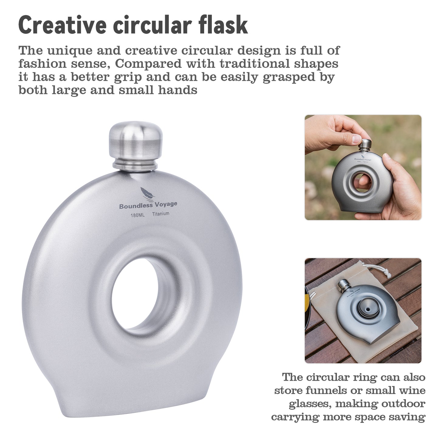 Boundless Voyage Titanium Hip Flask with Funnel – Eco-Friendly, Lightweight & Durable | 180ml Whiskey Flask for Camping, Travel & Home Use