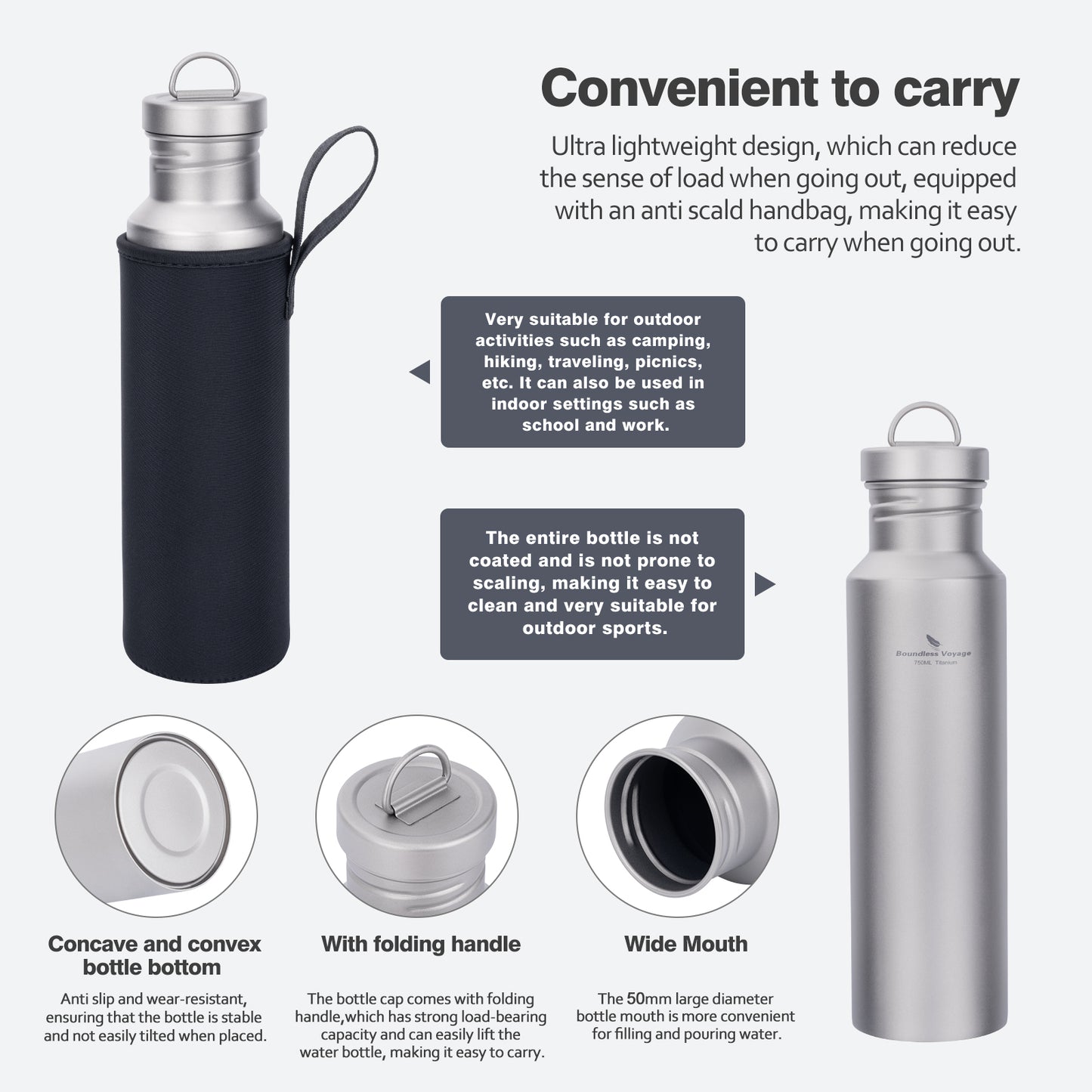 Boundless Voyage 550ml Titanium Water Bottle with Lid | Wide Mouth Leak-Proof Reusable Sport Bottle for Tea, Coffee, Camping & Hiking | Eco-Friendly Christmas & Thanksgiving Gift