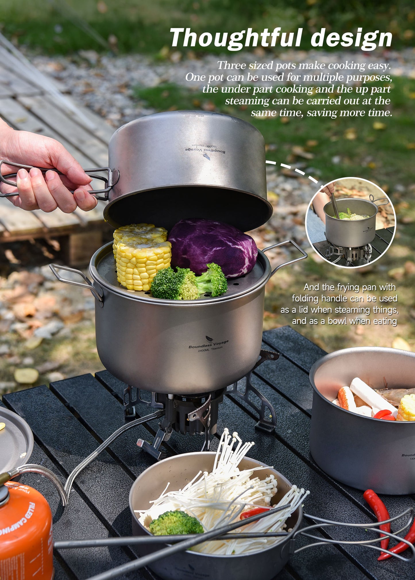 Boundless Voyage Titanium 3pcs Camping Cookware Mess Kit, Camping Cooking Set, Portable Nonstick Camp Pots Set 1.4L 1.6L 2.4L for Outdoor Camping