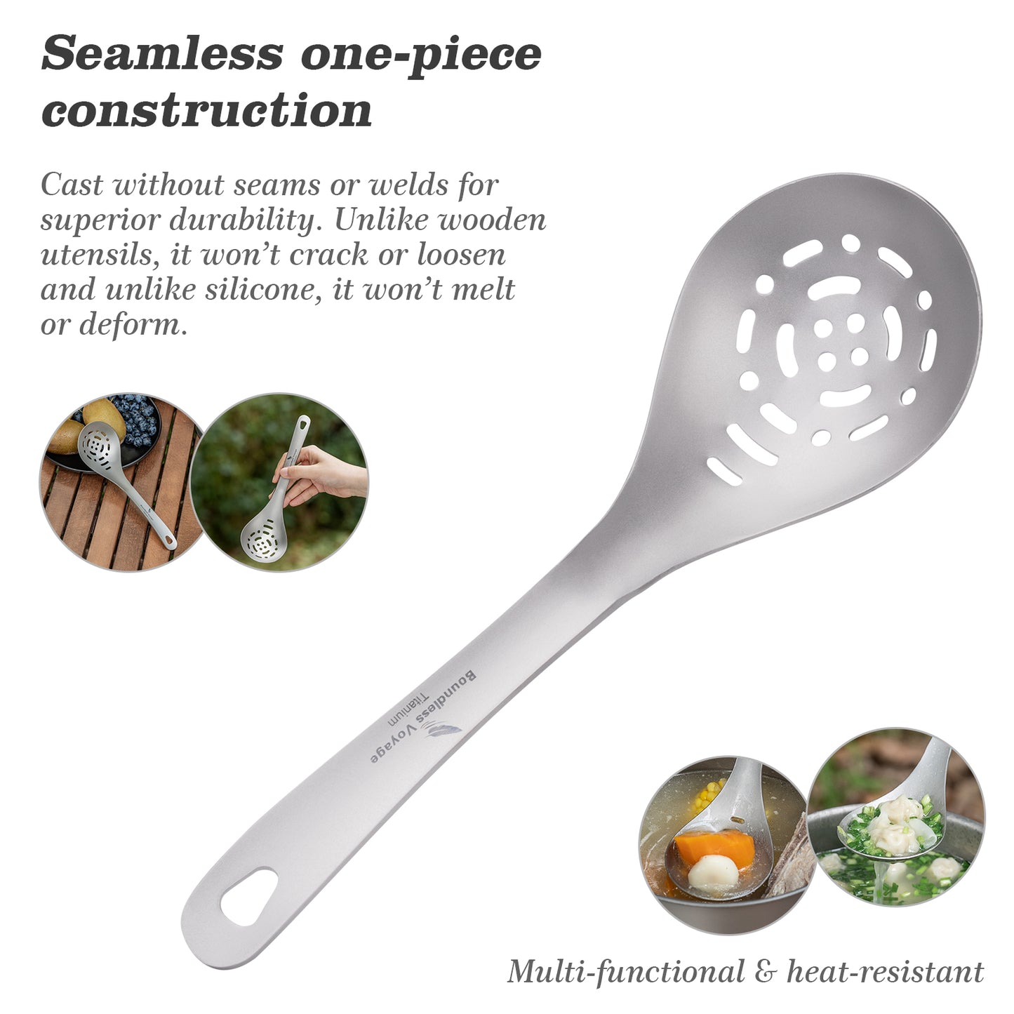 Boundless Voyage Ultralight Titanium Soup Skimmer & Colander – Long Handle Portable Cooking Tool for Frying & Kitchen Use