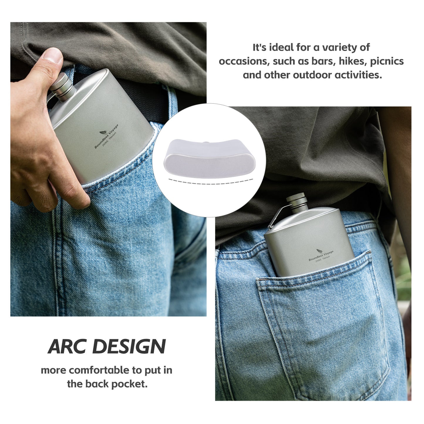 Boundless Voyage Outdoor Titanium Hip Flask with Funnel Camping Hiking Climbing Pocket Alcohol Whiskey Flask Flagon Wine Cup Mug Pot 8.5oz/250ml & 150ml Cup