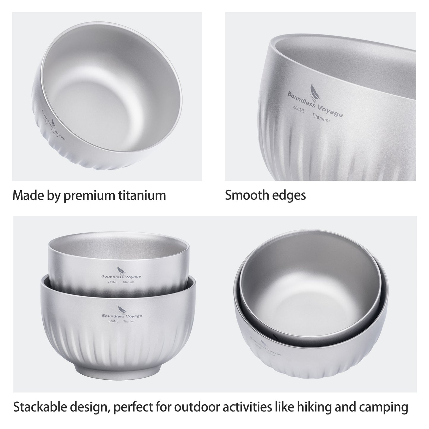 Boundless Voyage 500ml Titanium Double-Walled Bowl – Eco-Friendly TA1 Titanium Ultralight Insulated Camping Tableware for Rice, Soup & Oatmeal